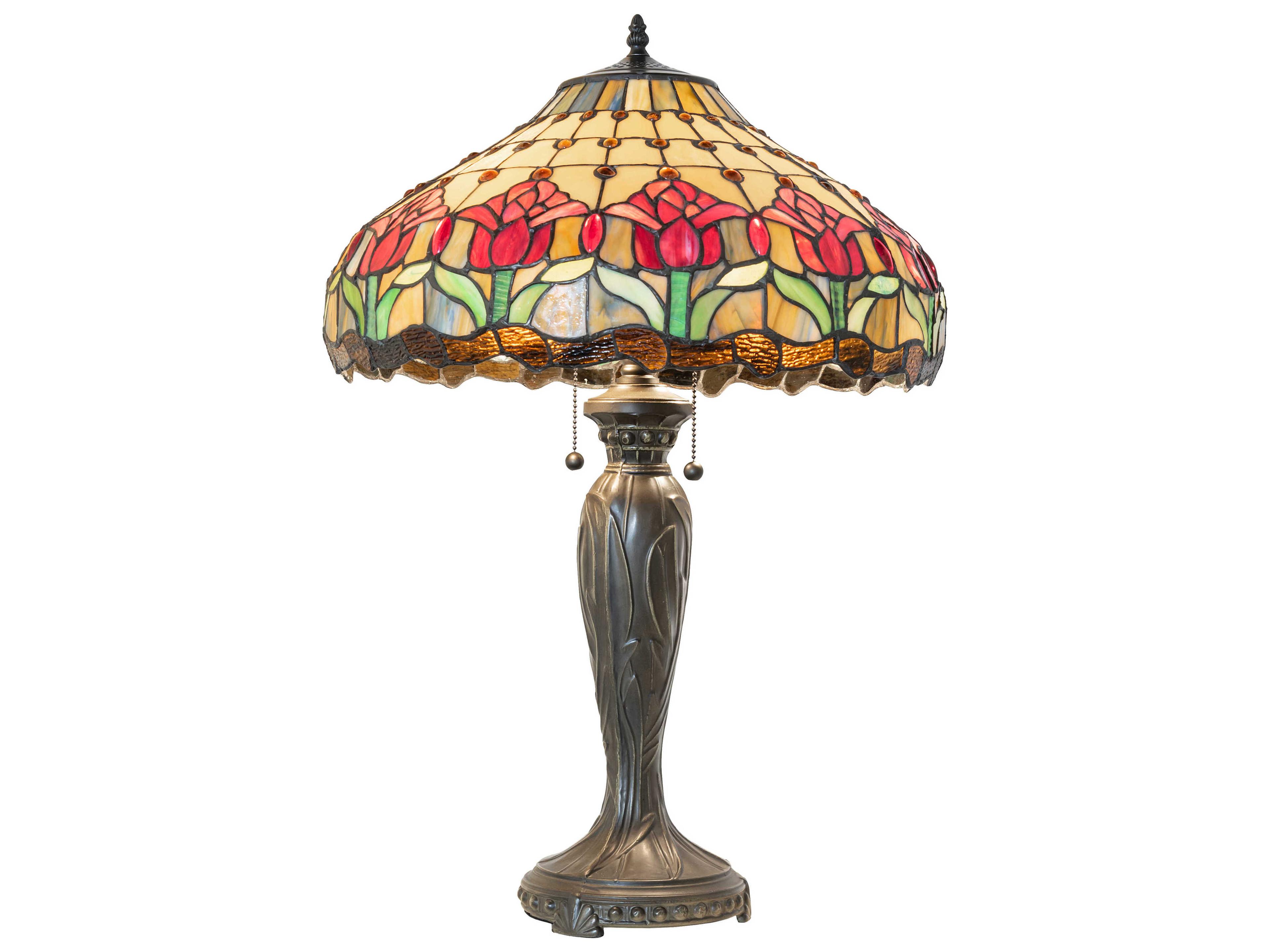 Meyda Colonial Tulip Mahogany Bronze Ruby Amber Glass Tiffany Buffet Lamp