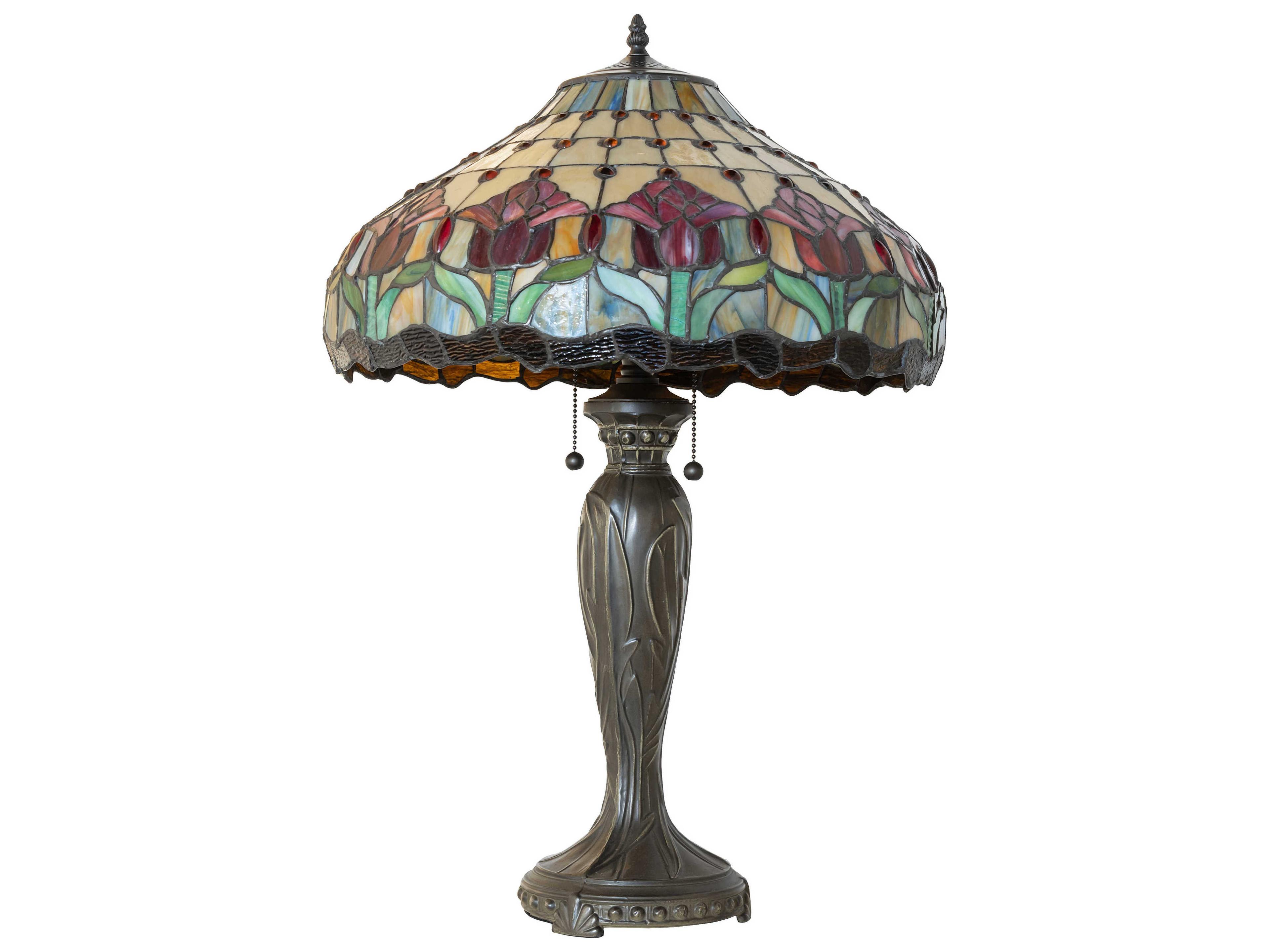 Meyda Colonial Tulip Mahogany Bronze Ruby Amber Glass Tiffany Buffet Lamp