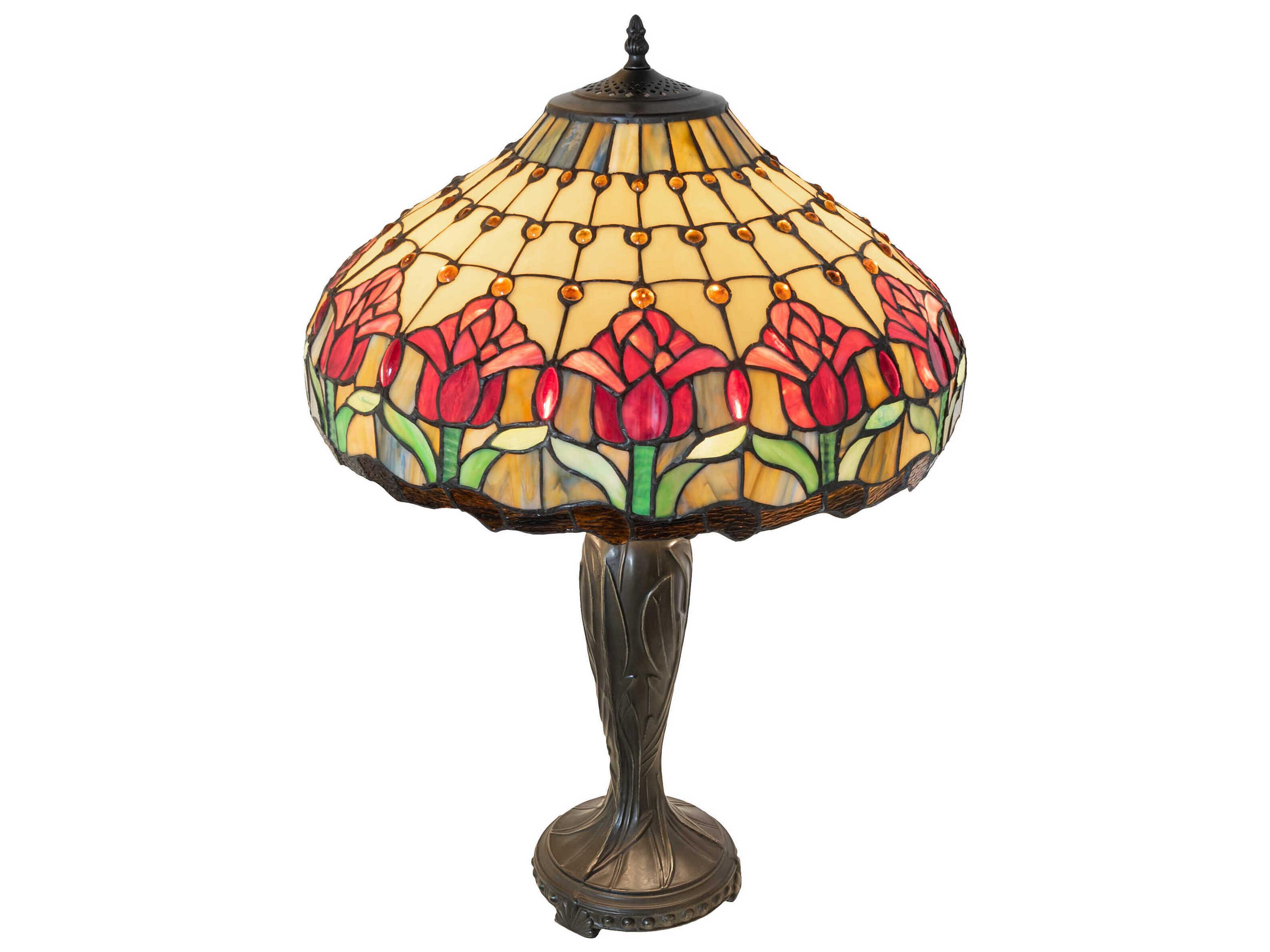 Meyda Colonial Tulip Mahogany Bronze Ruby Amber Glass Tiffany Buffet Lamp