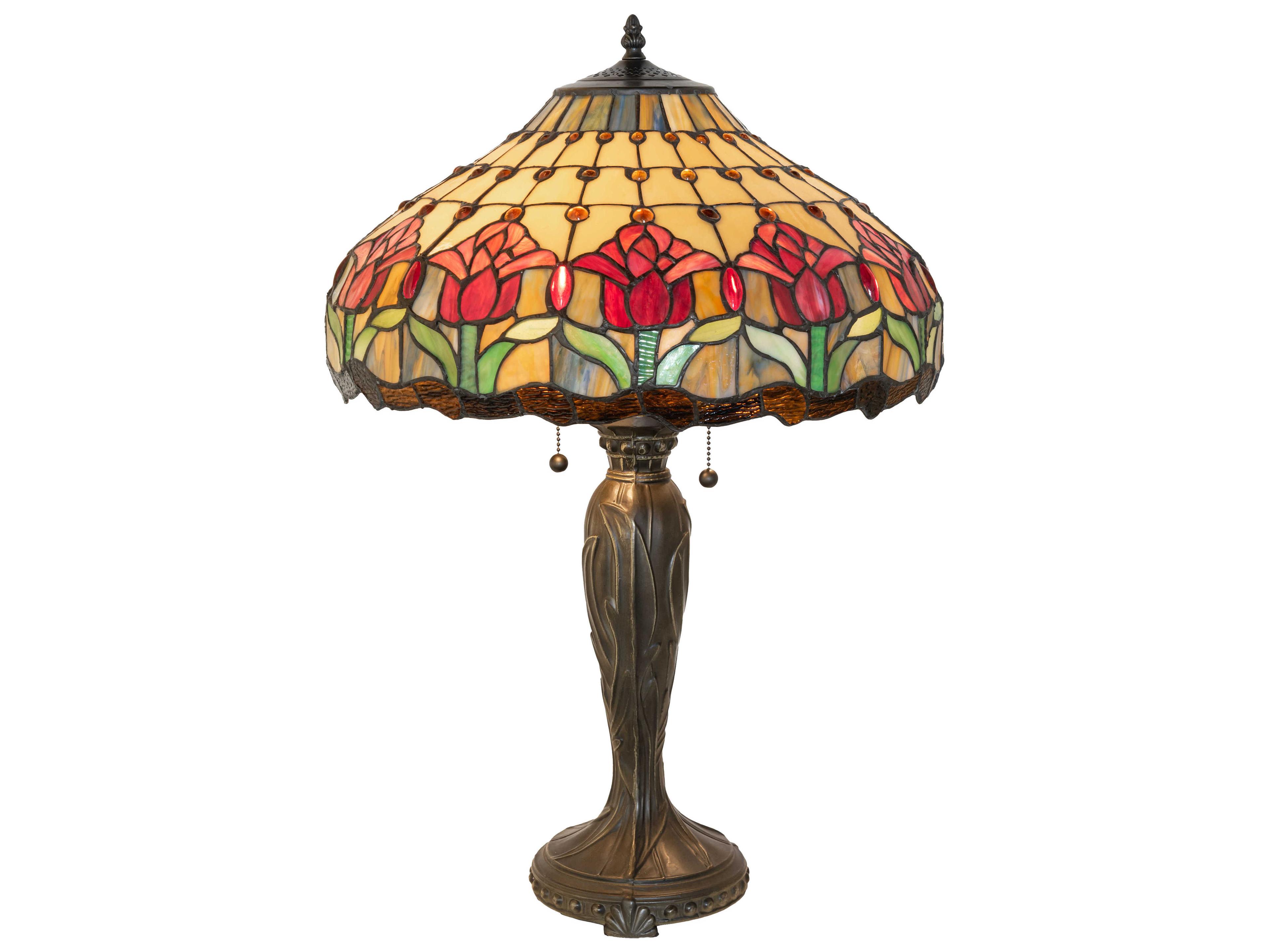 Meyda Colonial Tulip Mahogany Bronze Ruby Amber Glass Tiffany Buffet Lamp