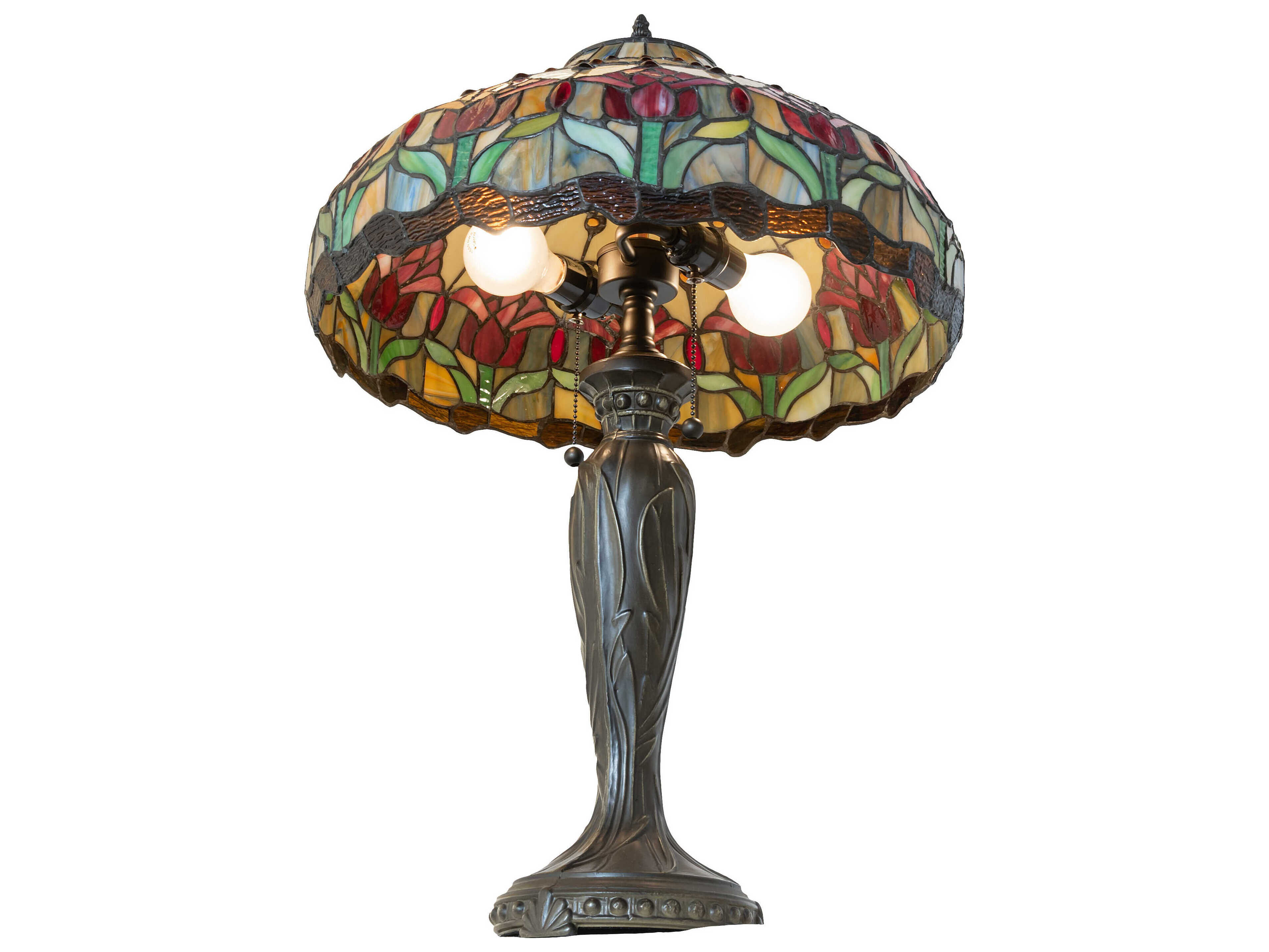 Meyda Colonial Tulip Mahogany Bronze Ruby Amber Glass Tiffany Buffet Lamp