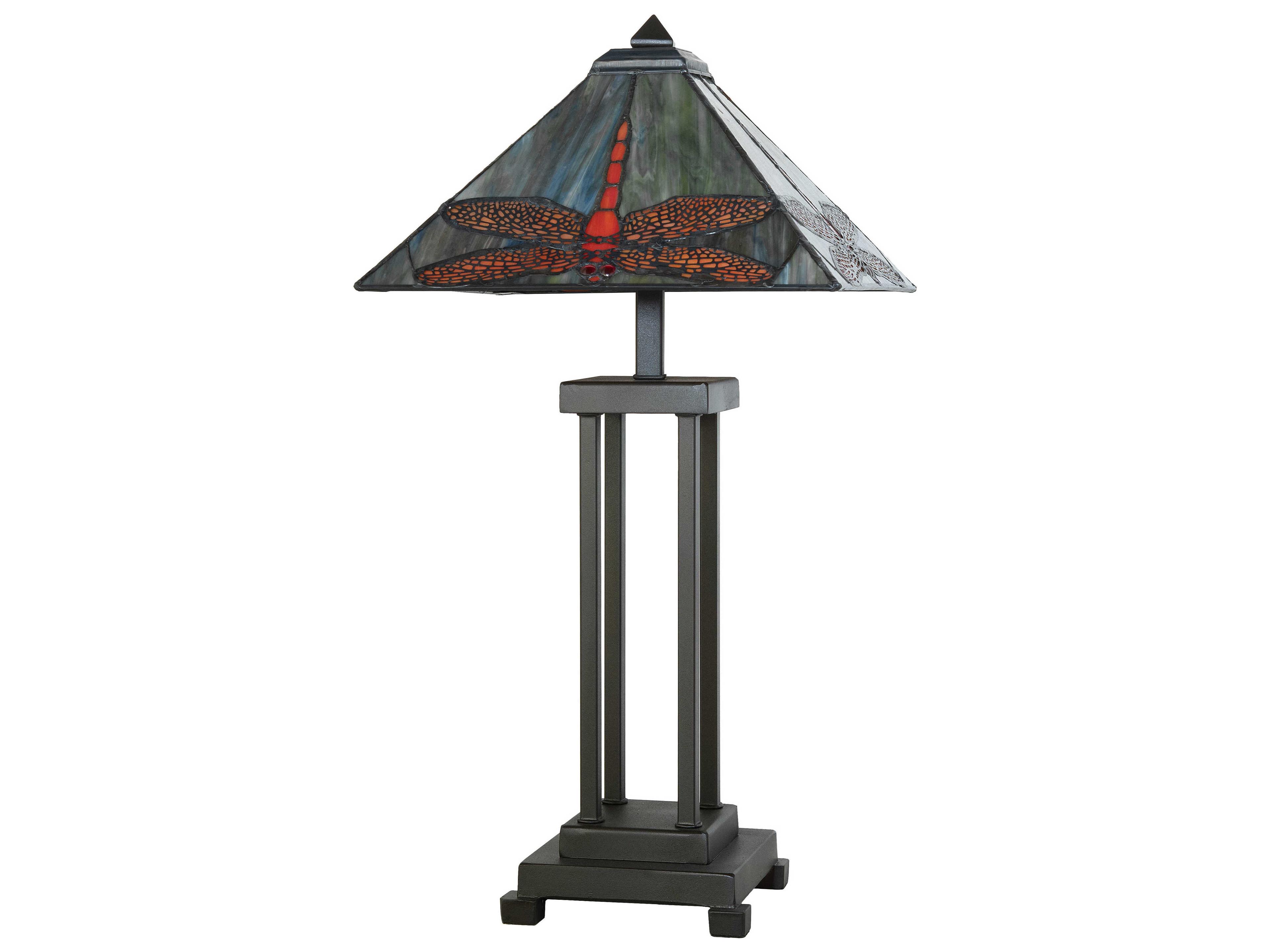 Meyda Prairie Dragonfly Mahogany Bronze Ruby Coral Amber Glass Tiffany Table Lamp