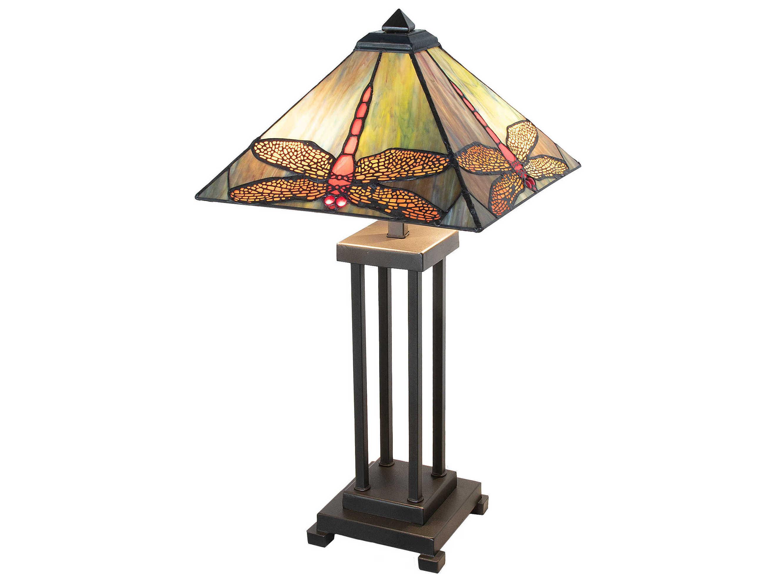 Meyda Prairie Dragonfly Mahogany Bronze Ruby Coral Amber Glass Tiffany Table Lamp