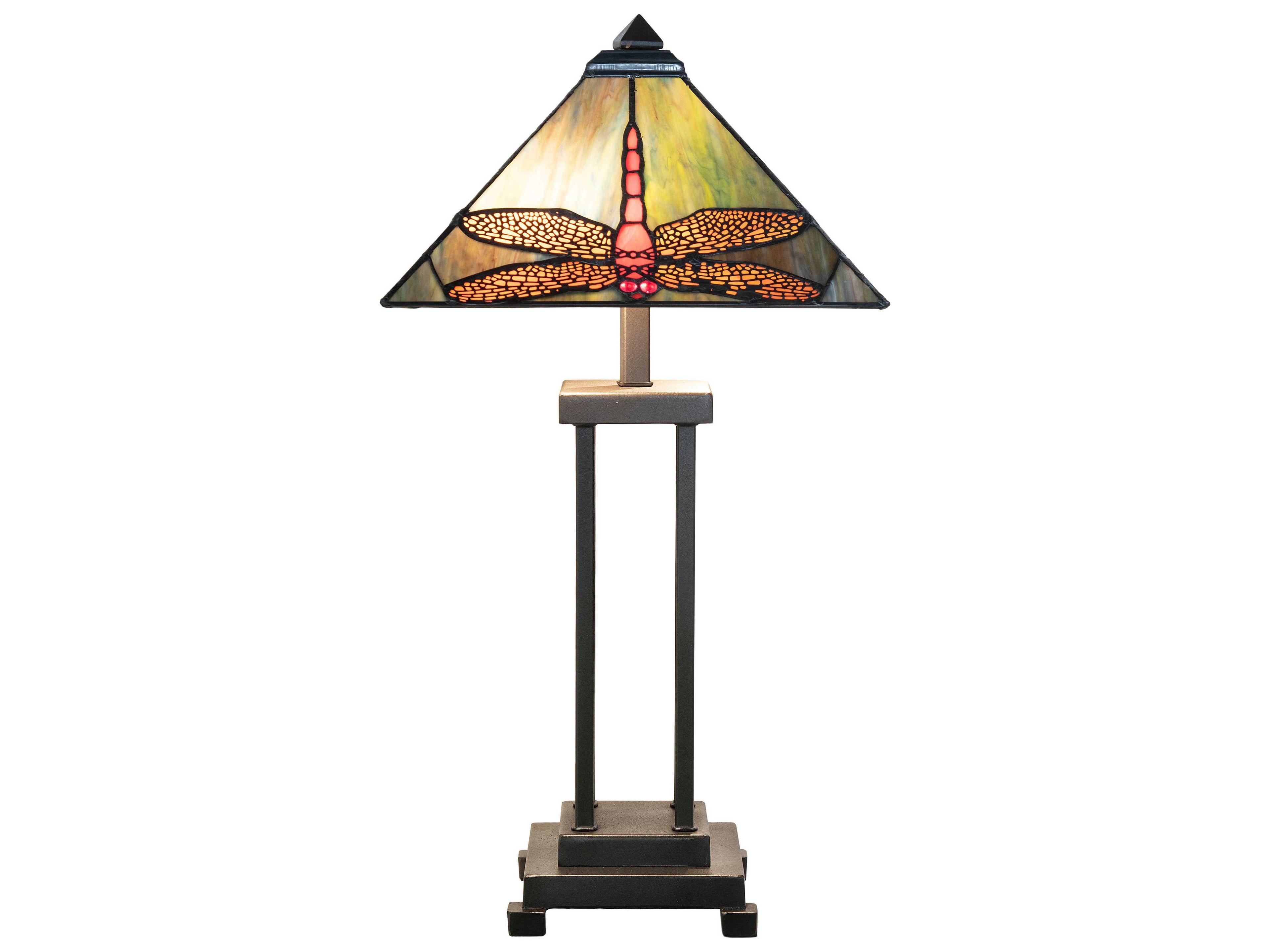 Meyda Prairie Dragonfly Mahogany Bronze Ruby Coral Amber Glass Tiffany Table Lamp