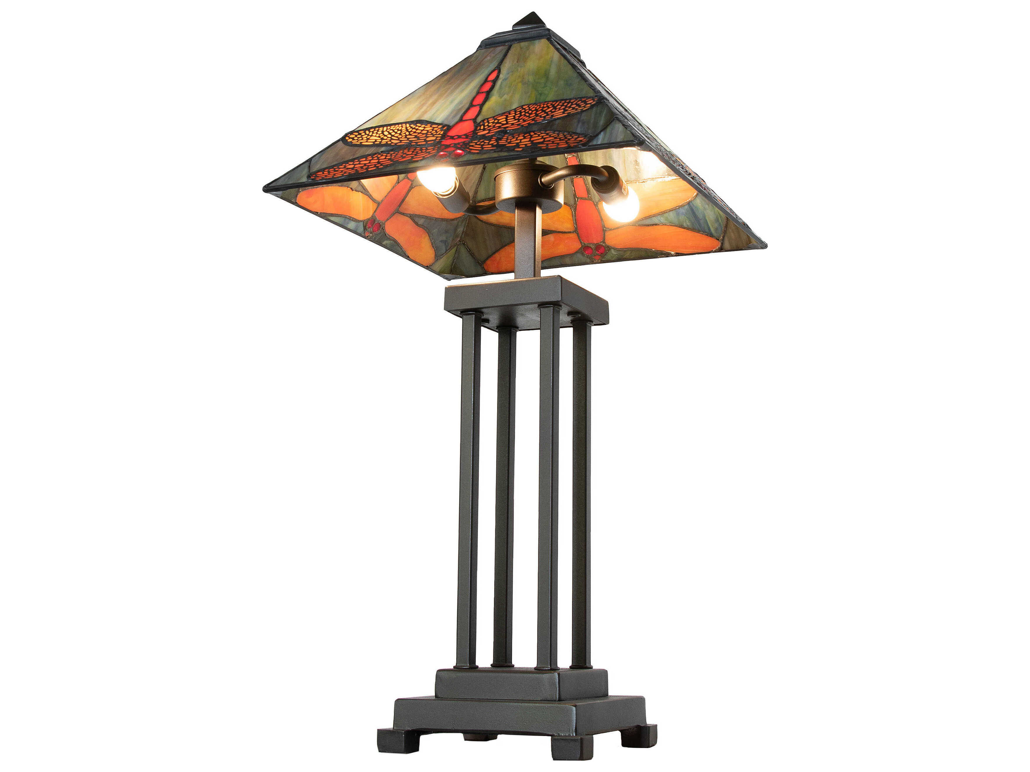 Meyda Prairie Dragonfly Mahogany Bronze Ruby Coral Amber Glass Tiffany Table Lamp
