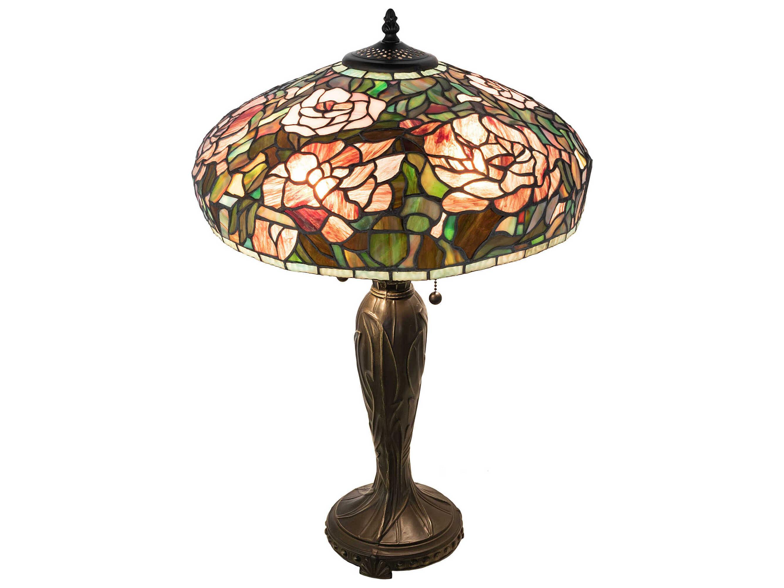 Meyda Tiffany Peony Mahogany Bronze Ruby Pink Mauve Glass Buffet Lamp