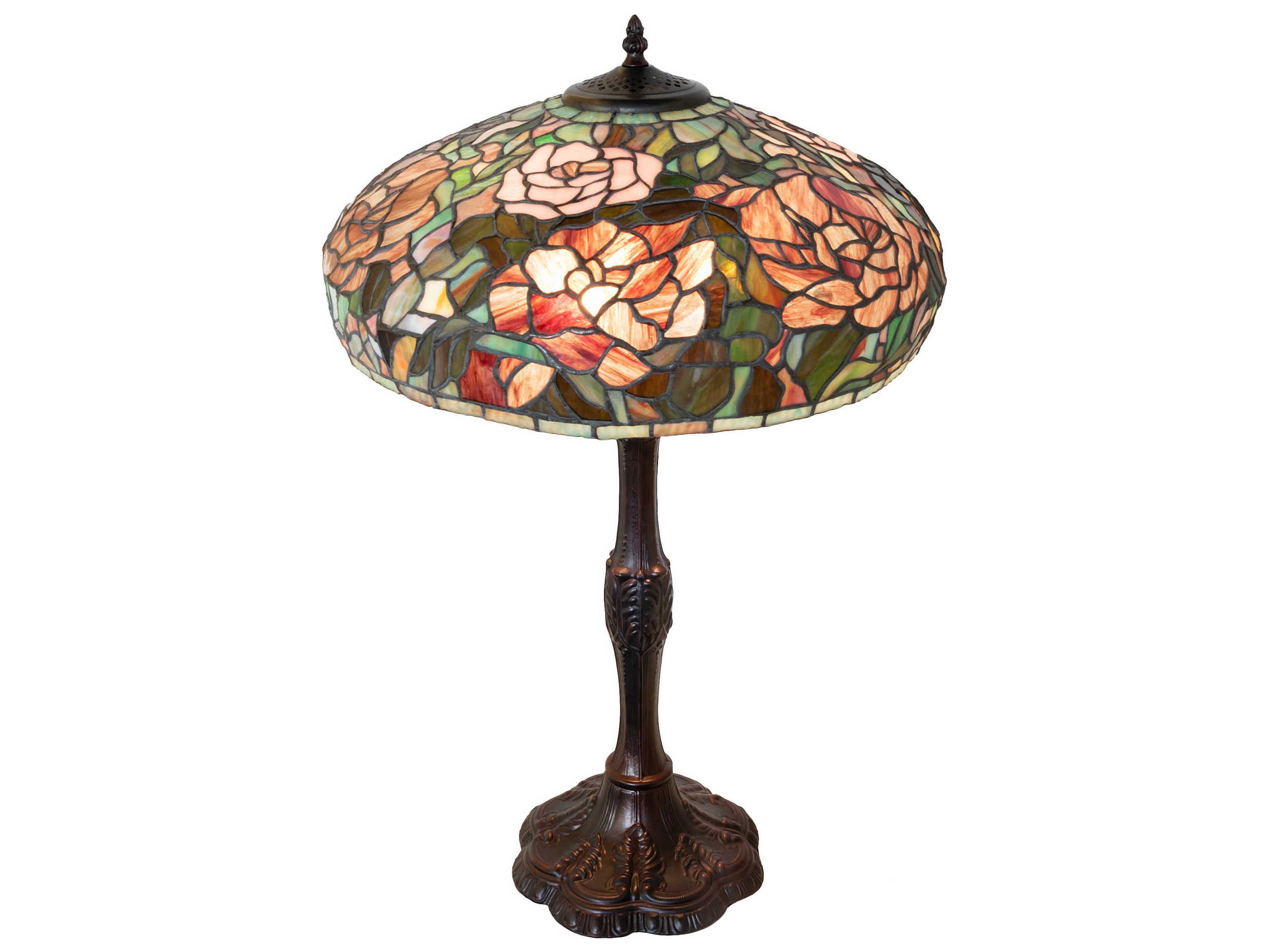 Meyda Tiffany Peony Mahogany Bronze Ruby Pink Mauve Glass Buffet Lamp