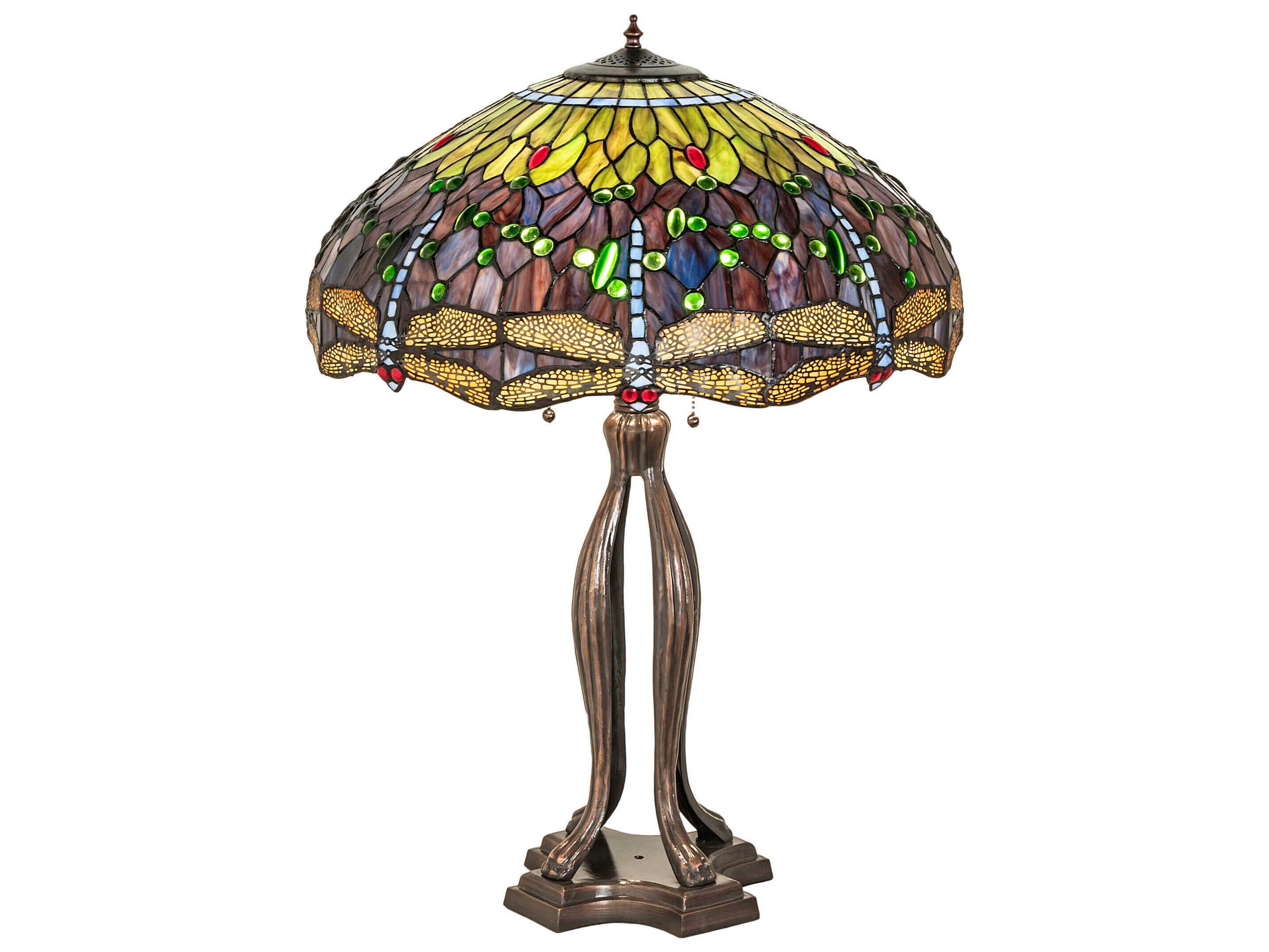 Meyda Tiffany Hanginghead Dragonfly Mahogany Bronze Purple Blue Green Glass Buffet Lamp