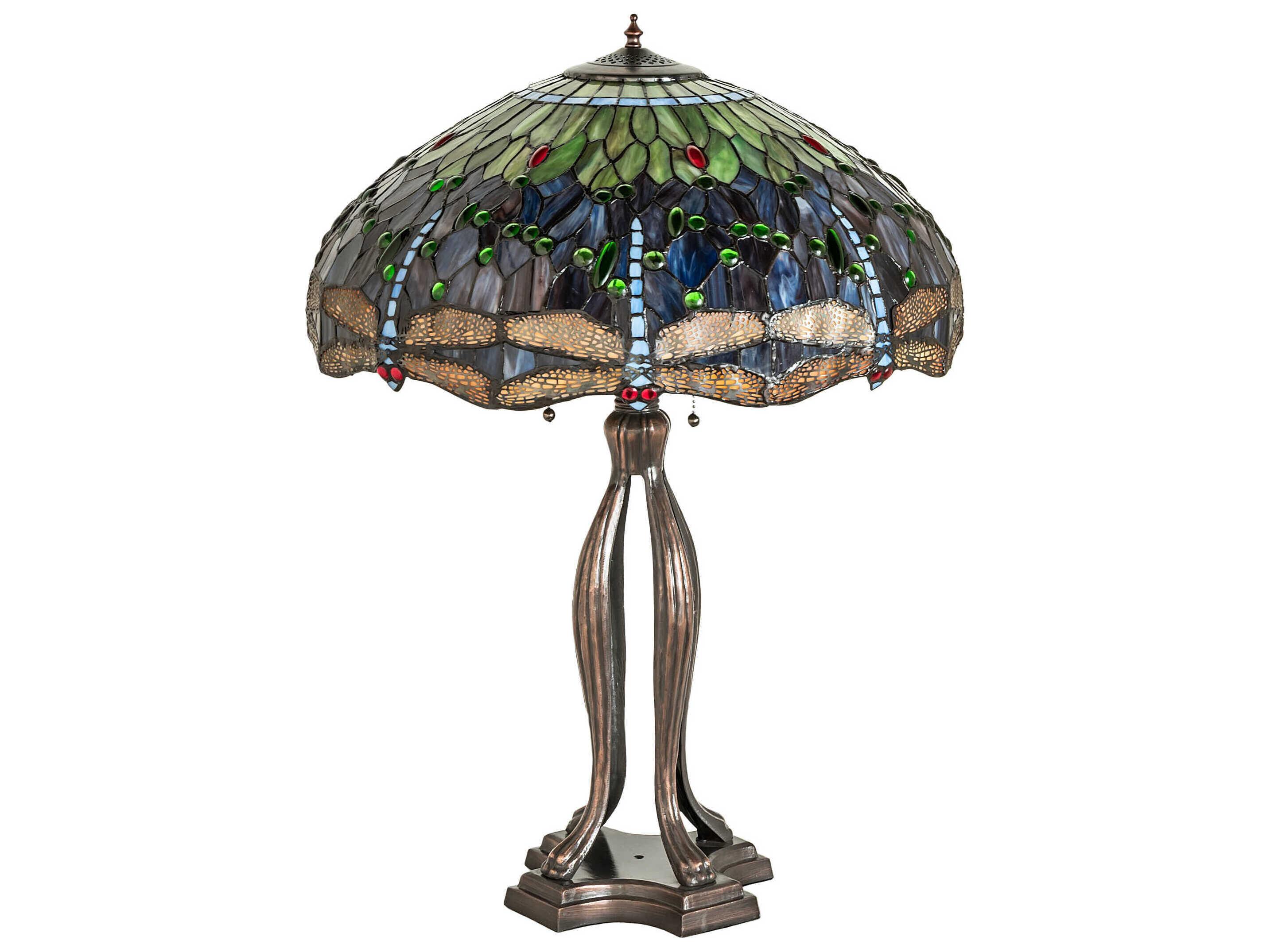 Meyda Tiffany Hanginghead Dragonfly Mahogany Bronze Purple Blue Green Glass Buffet Lamp