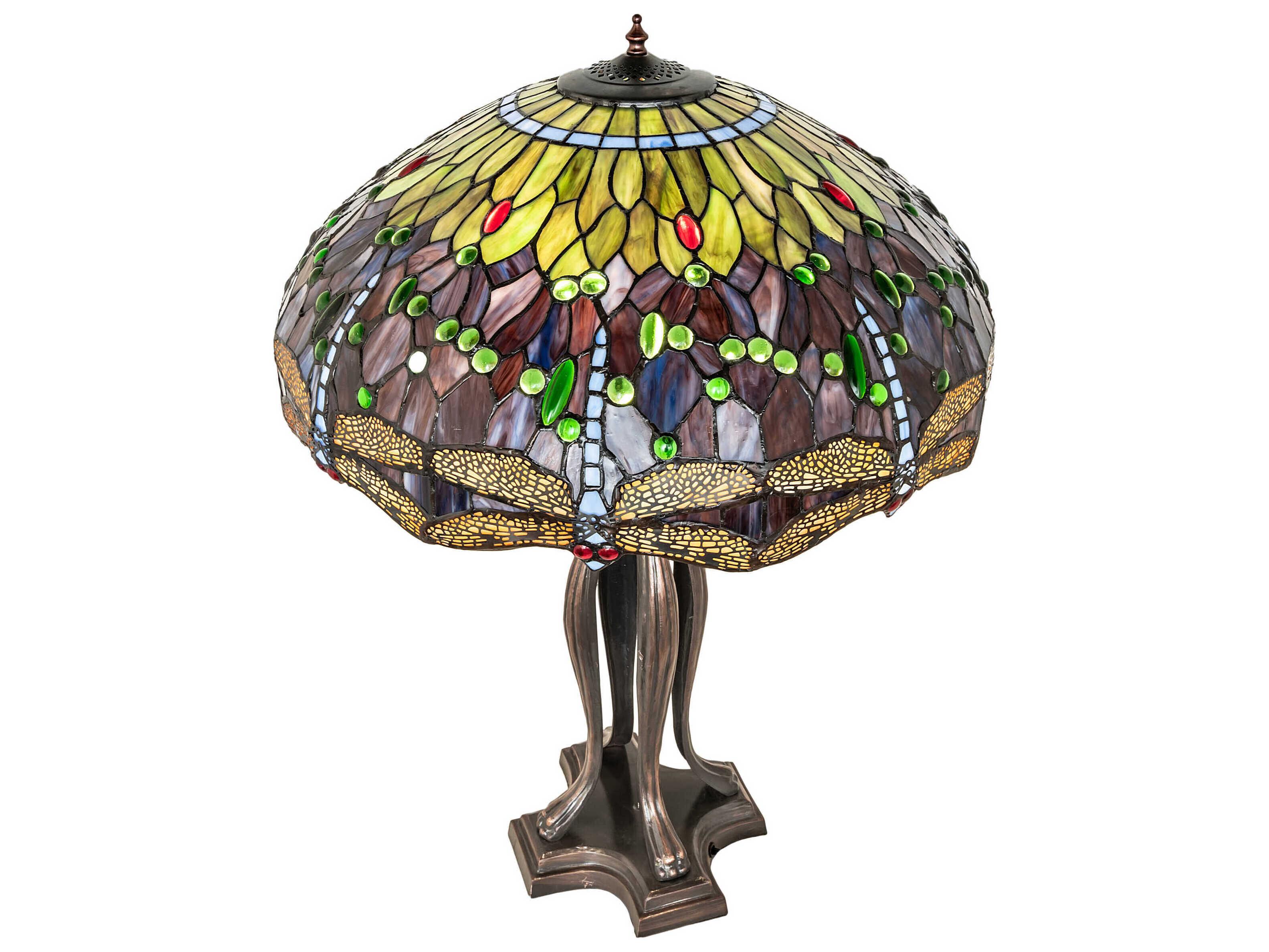 Meyda Tiffany Hanginghead Dragonfly Mahogany Bronze Purple Blue Green Glass Buffet Lamp