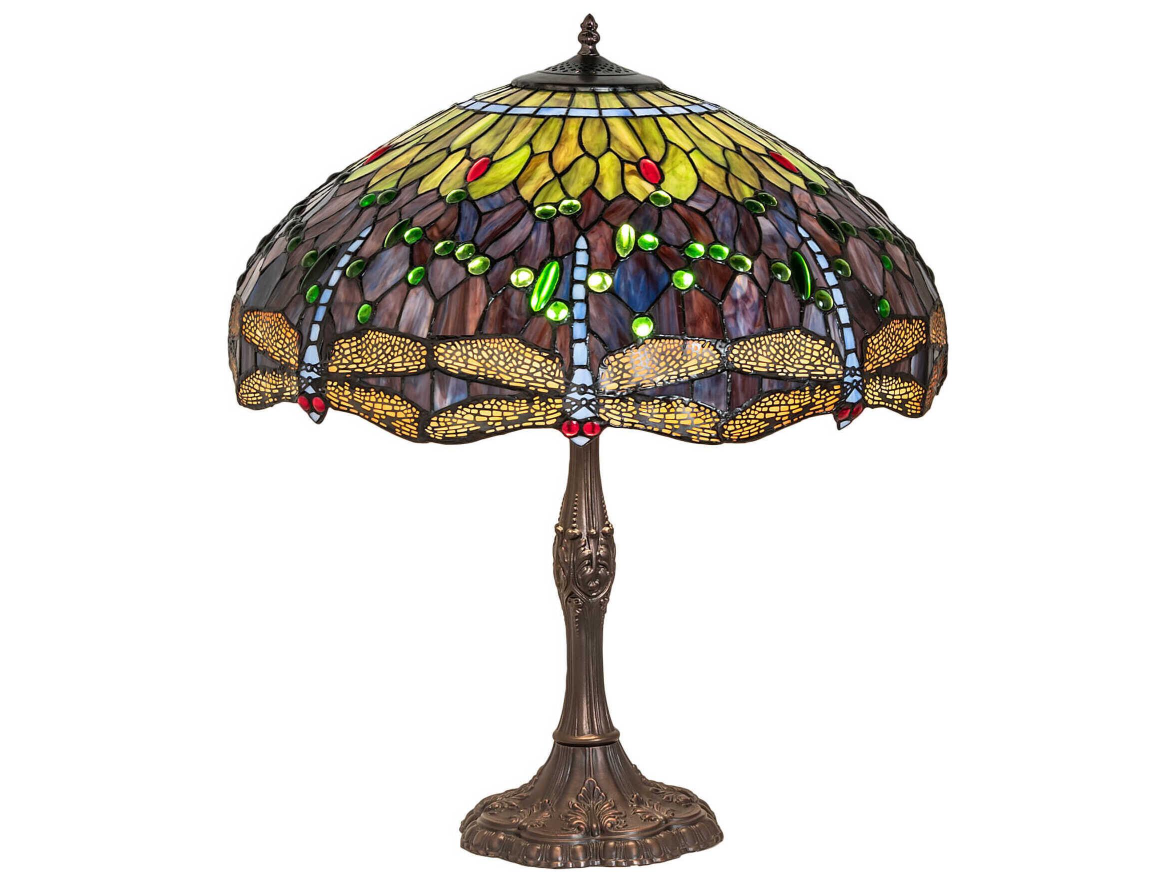 Meyda Tiffany Hanginghead Dragonfly Mahogany Bronze Purple Blue Green Glass Buffet Lamp