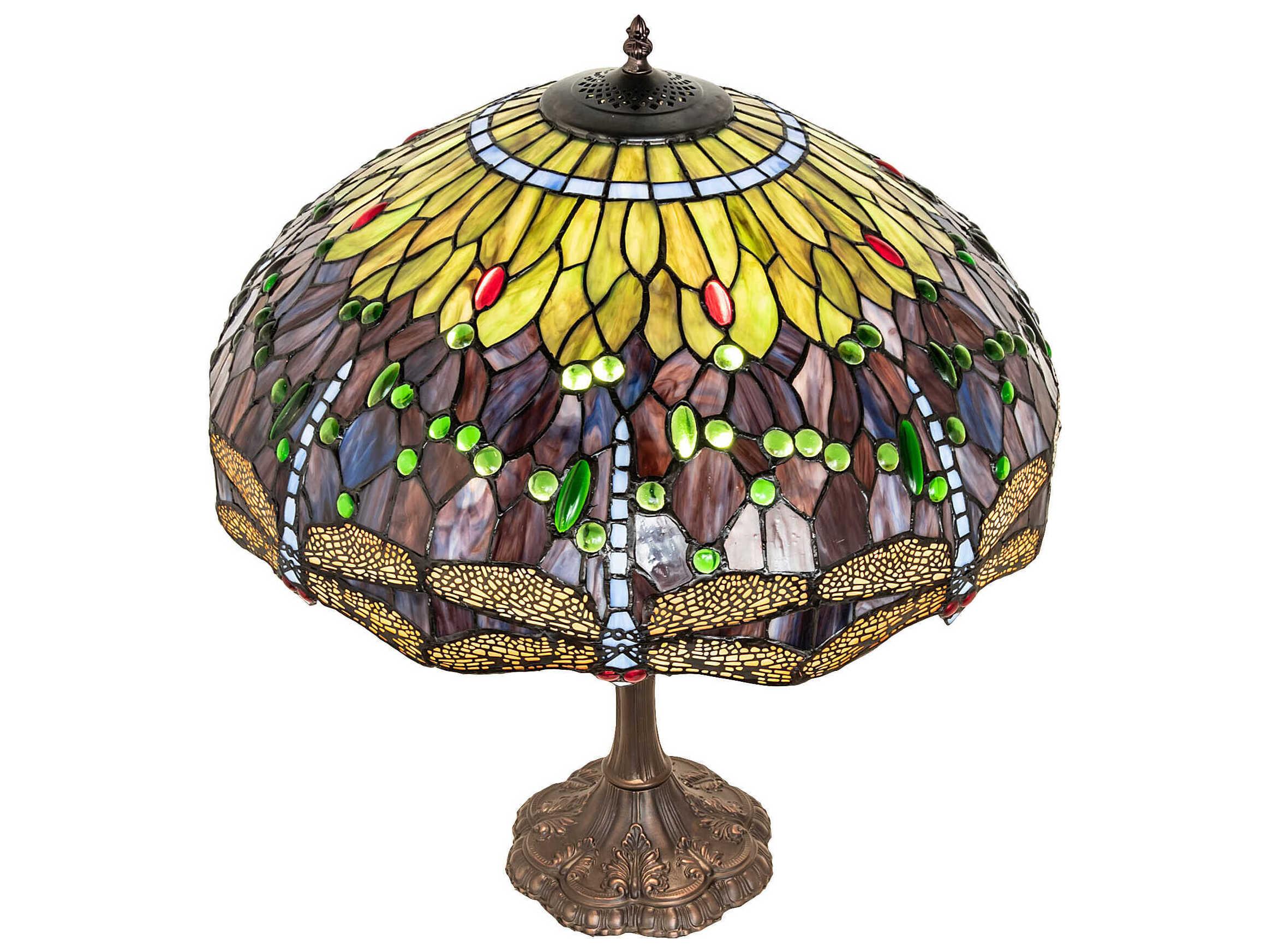 Meyda Tiffany Hanginghead Dragonfly Mahogany Bronze Purple Blue Green Glass Buffet Lamp