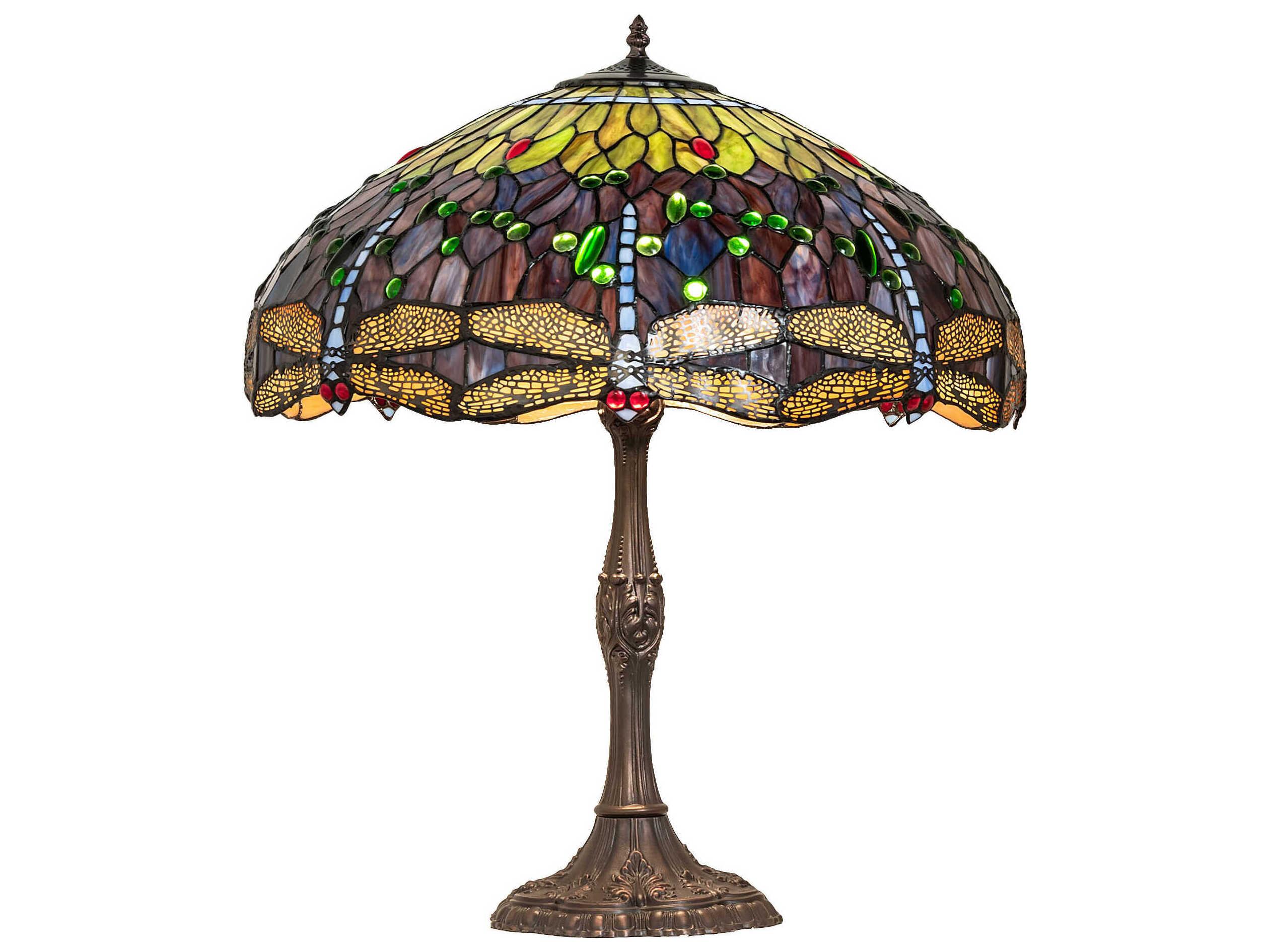 Meyda Tiffany Hanginghead Dragonfly Mahogany Bronze Purple Blue Green Glass Buffet Lamp