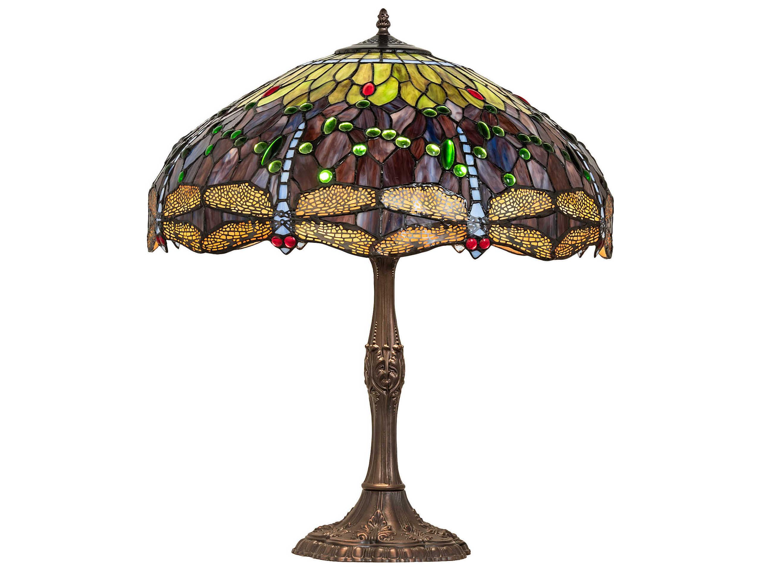 Meyda Tiffany Hanginghead Dragonfly Mahogany Bronze Purple Blue Green Glass Buffet Lamp