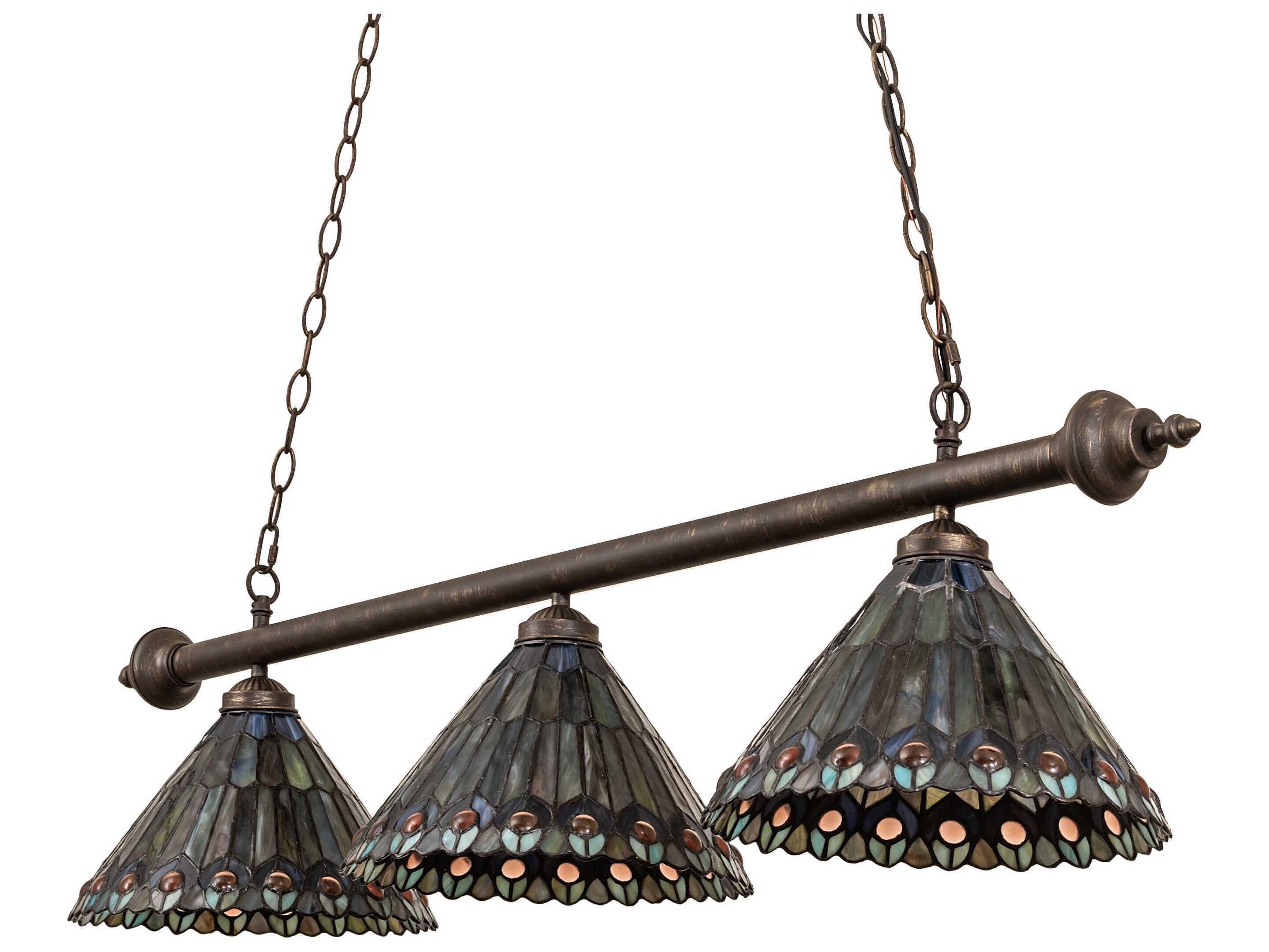 Meyda Tiffany Jeweled Peacock 3-Light Antique Brass Island Pendant