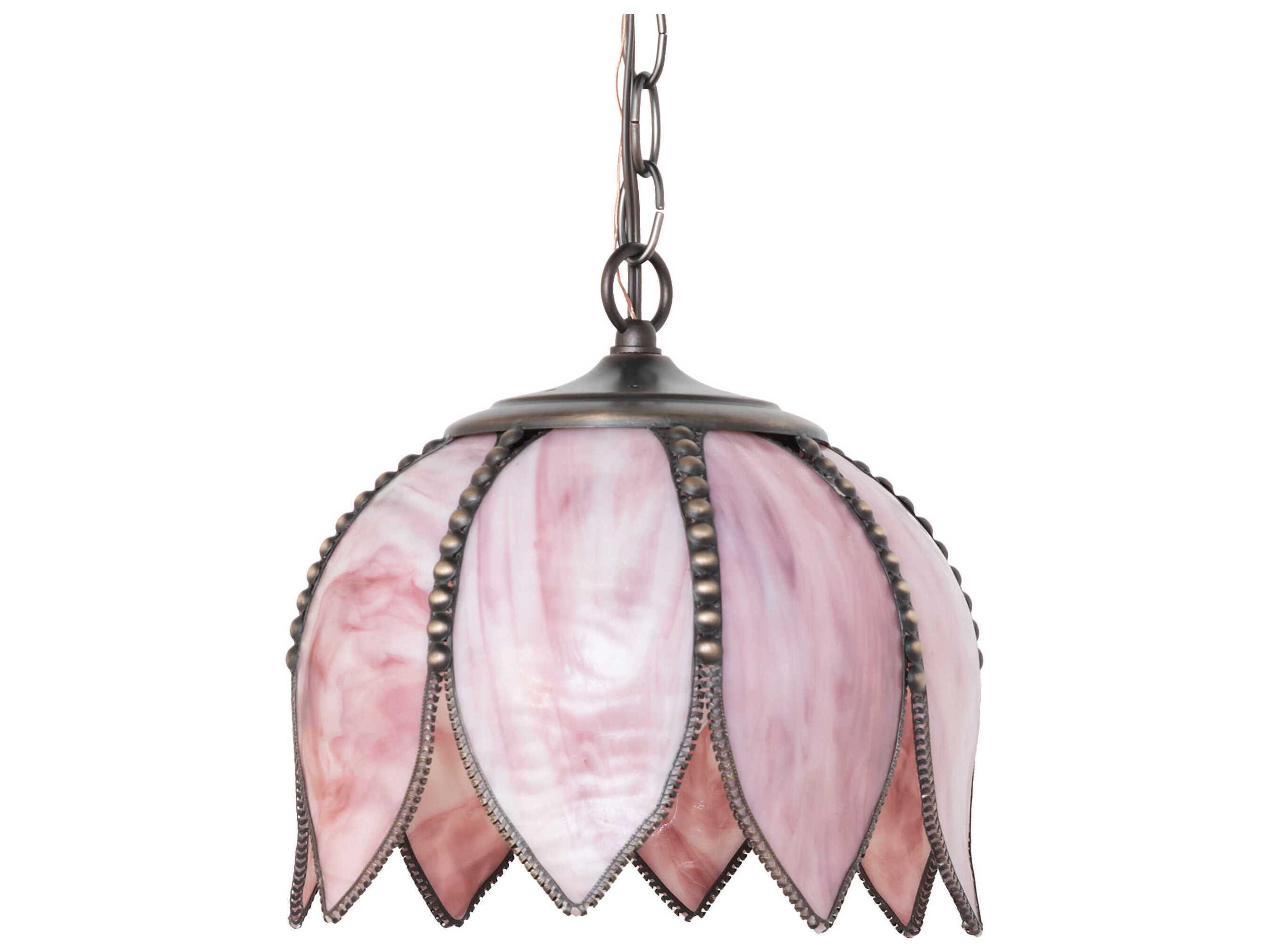 Meyda Tulip 1-Light Craftsman Brown Brass Pink Traditional Mini Pendant