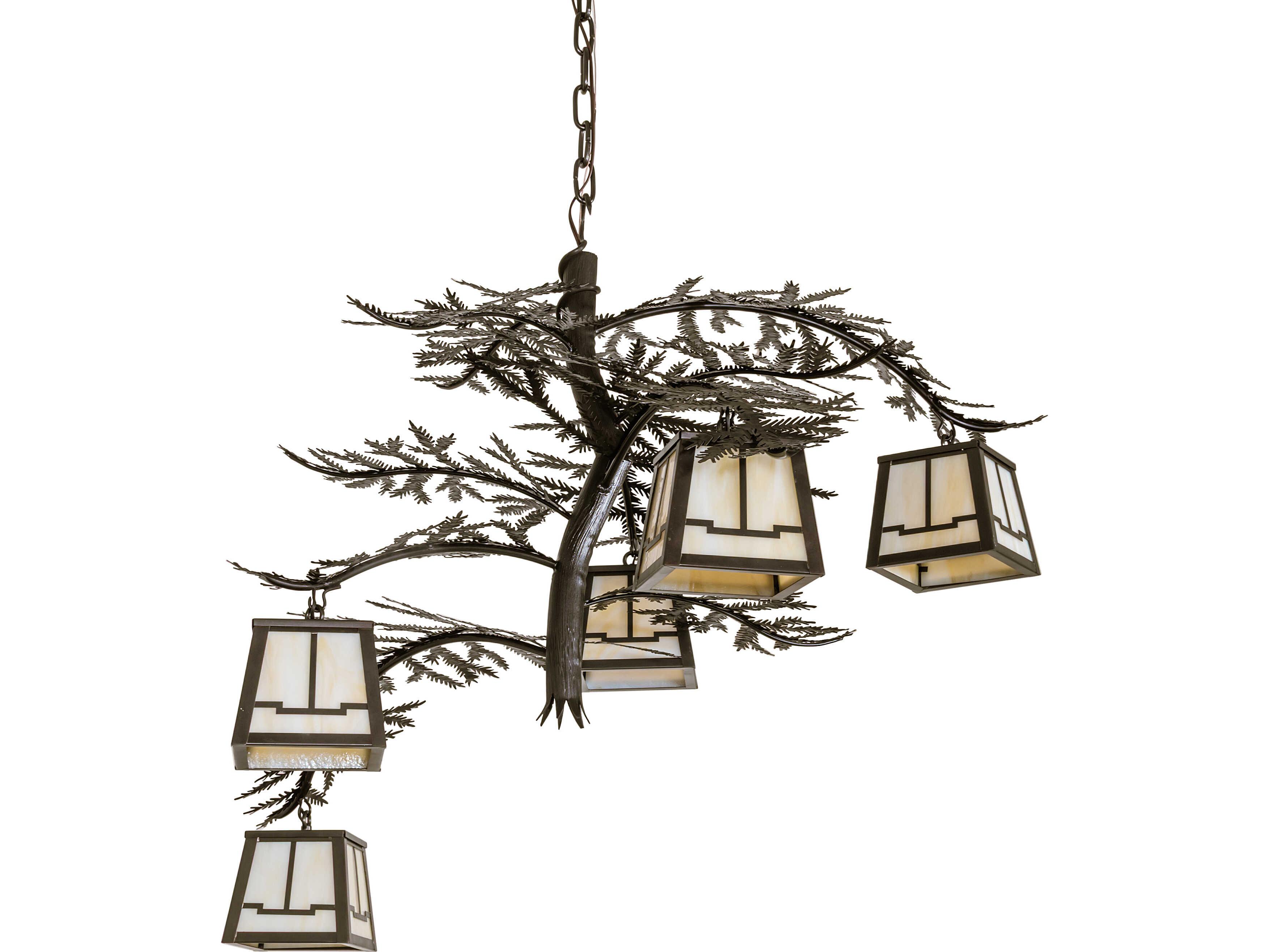 Meyda Pine Branch 5-Light Beige Art Glass Brown Geometric Chandelier