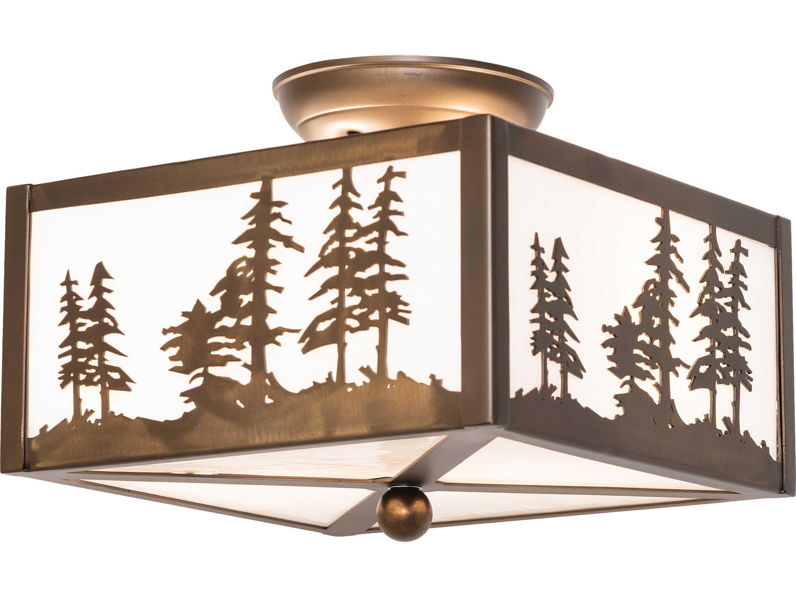 Meyda Tall Pines 2-Light White Art Glass Copper Traditional Flush Mount