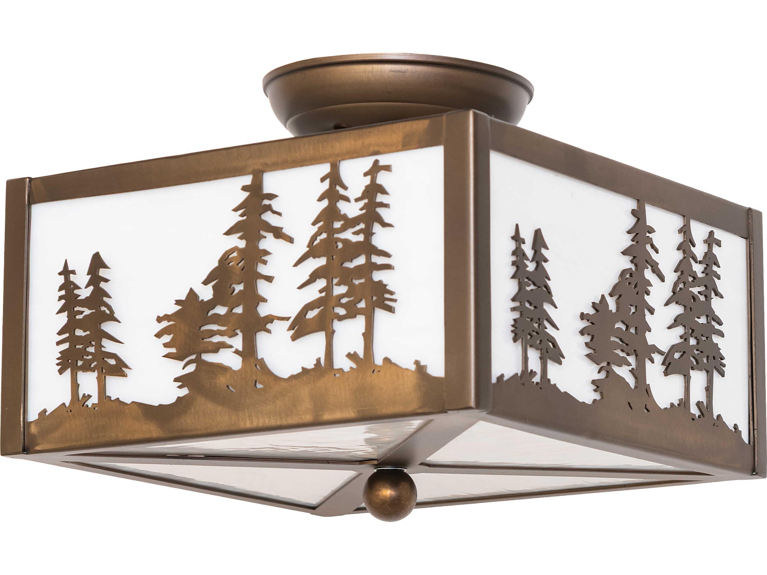 Meyda Tall Pines 2-Light White Art Glass Copper Traditional Flush Mount
