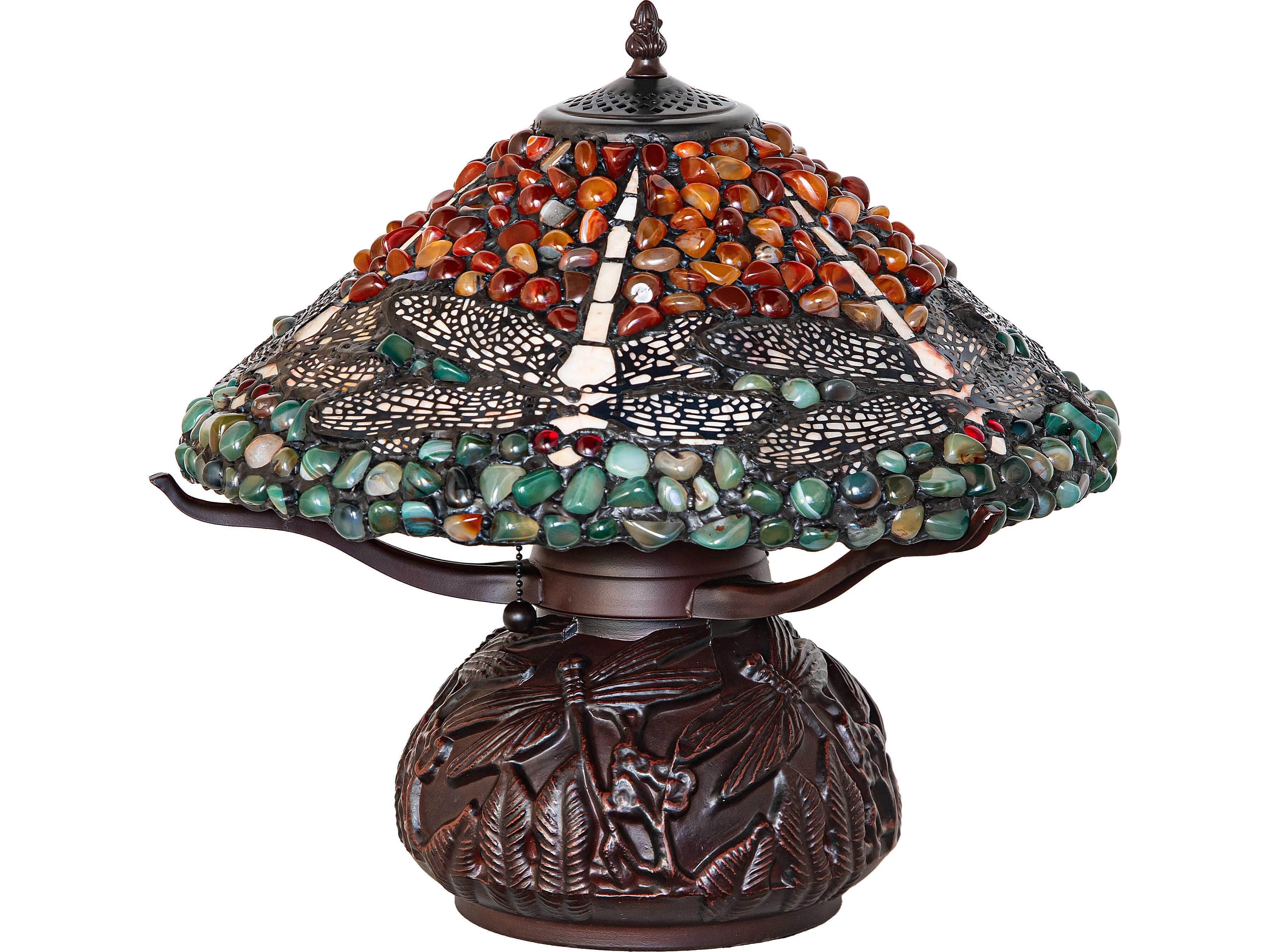 Meyda Dragonfly Coral; Amber & Green Agate Stone Bronze Traditional Table Lamp