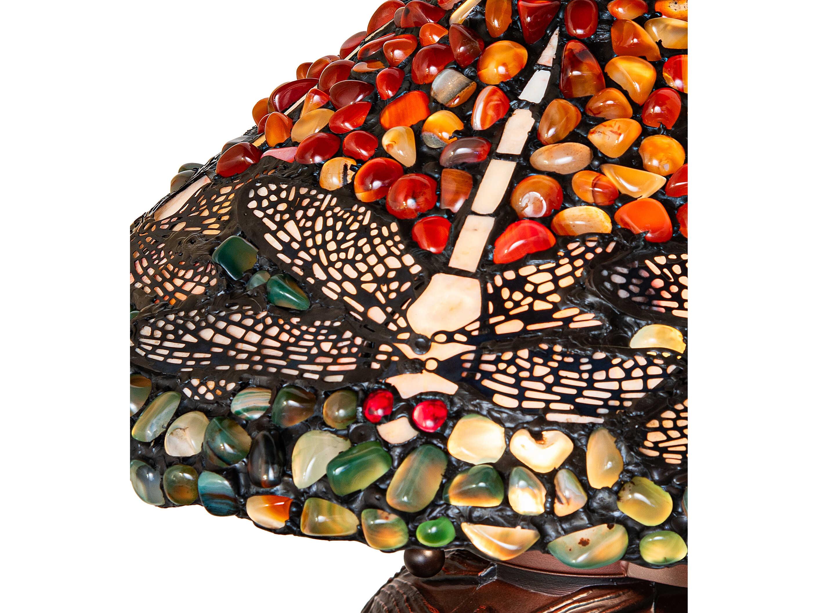 Meyda Dragonfly Coral; Amber & Green Agate Stone Bronze Traditional Table Lamp