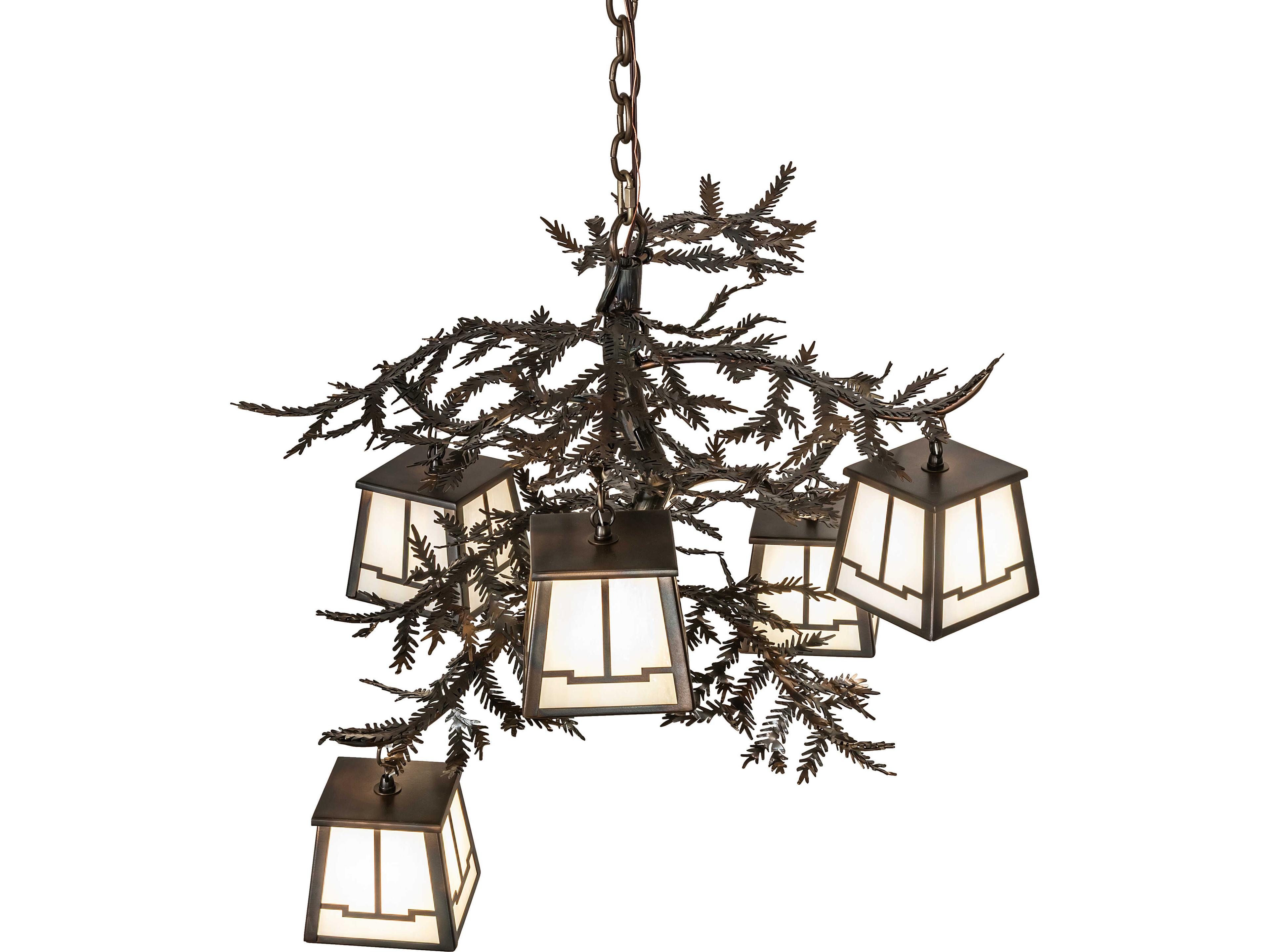 Meyda Pine Branch 5-Light Beige Art Glass Copper Geometric Chandelier