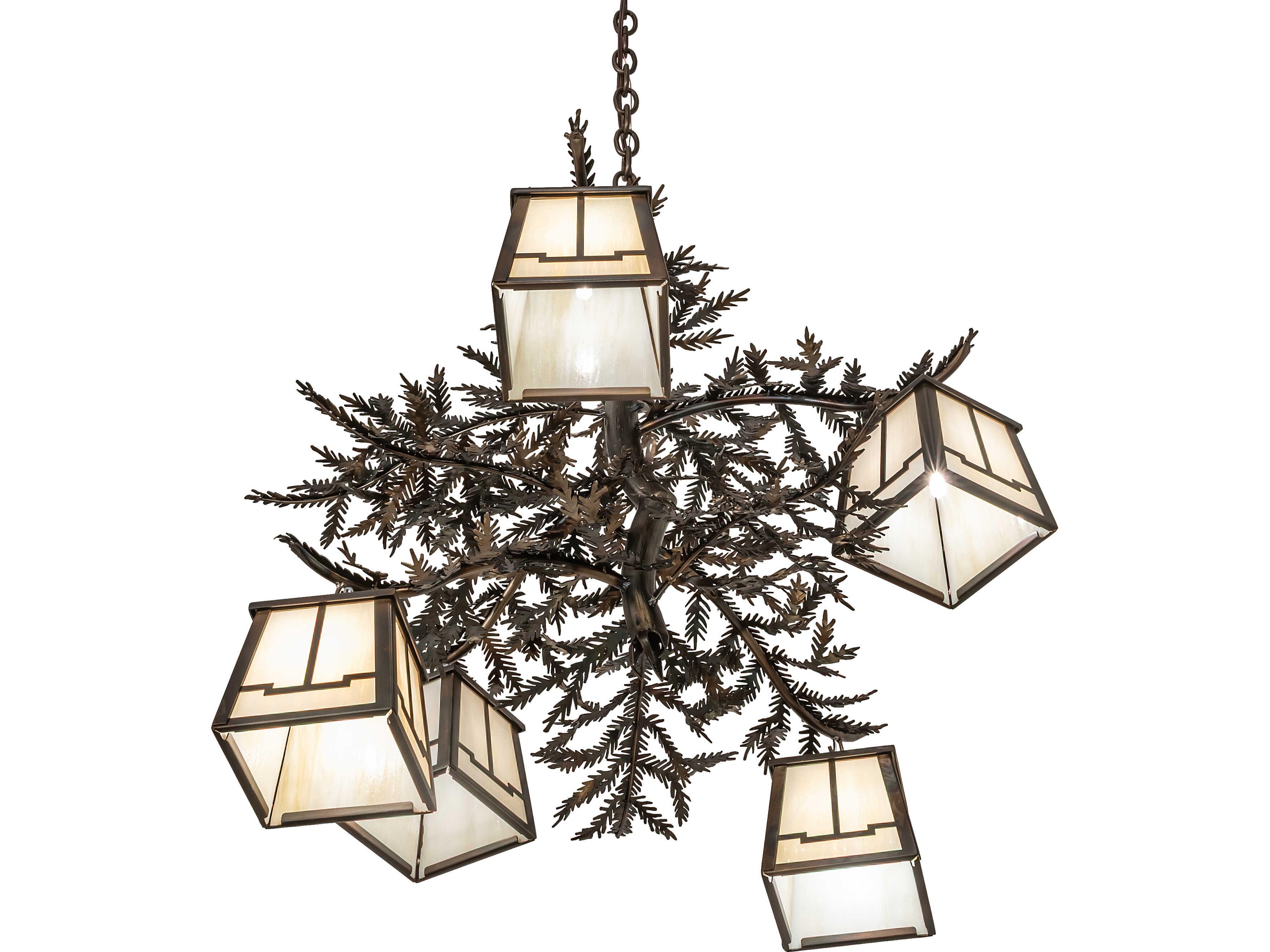 Meyda Pine Branch 5-Light Beige Art Glass Copper Geometric Chandelier
