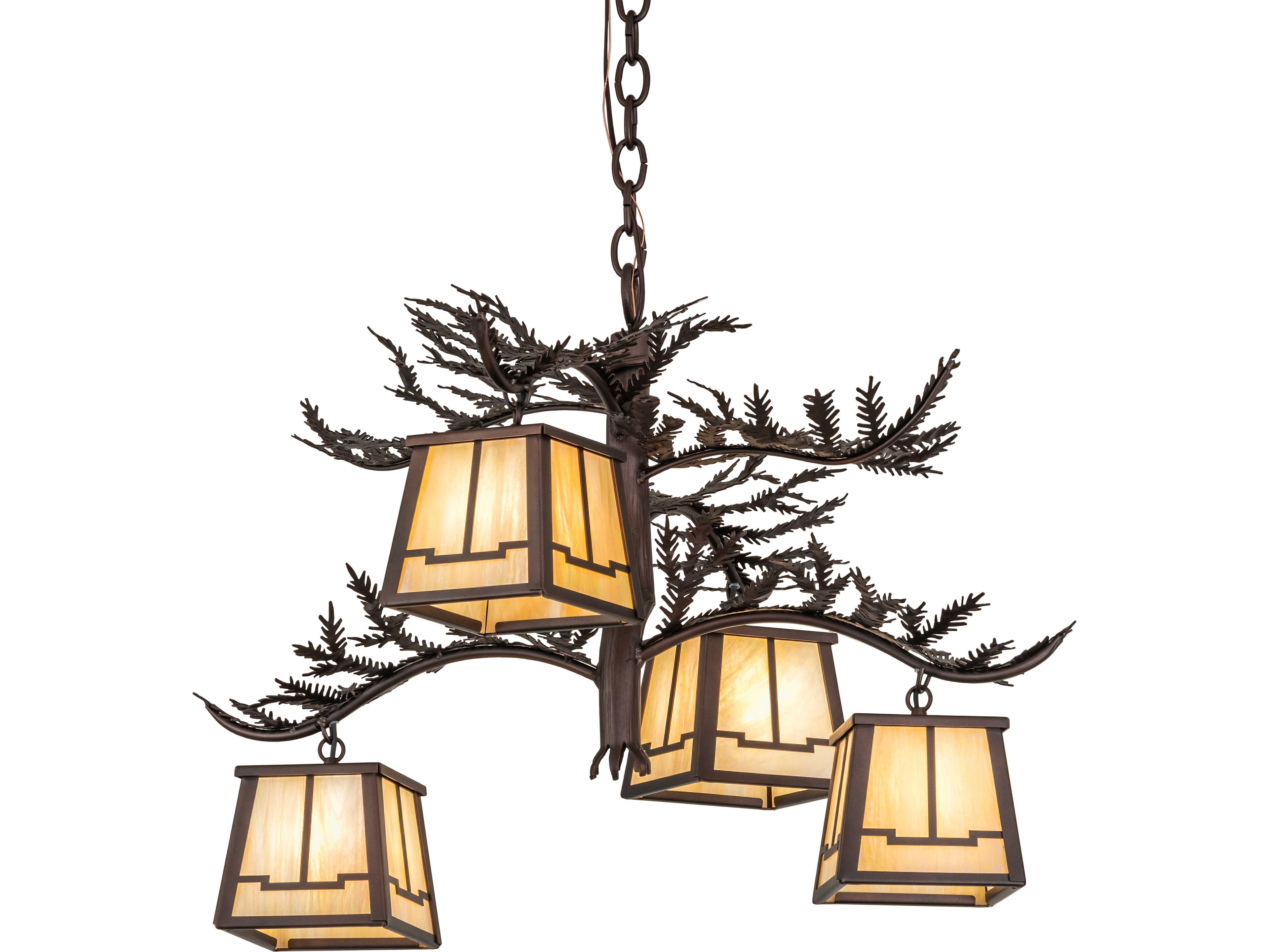 Meyda Pine Branch 4-Light Beige Iridescent Glass Bronze Geometric Chandelier