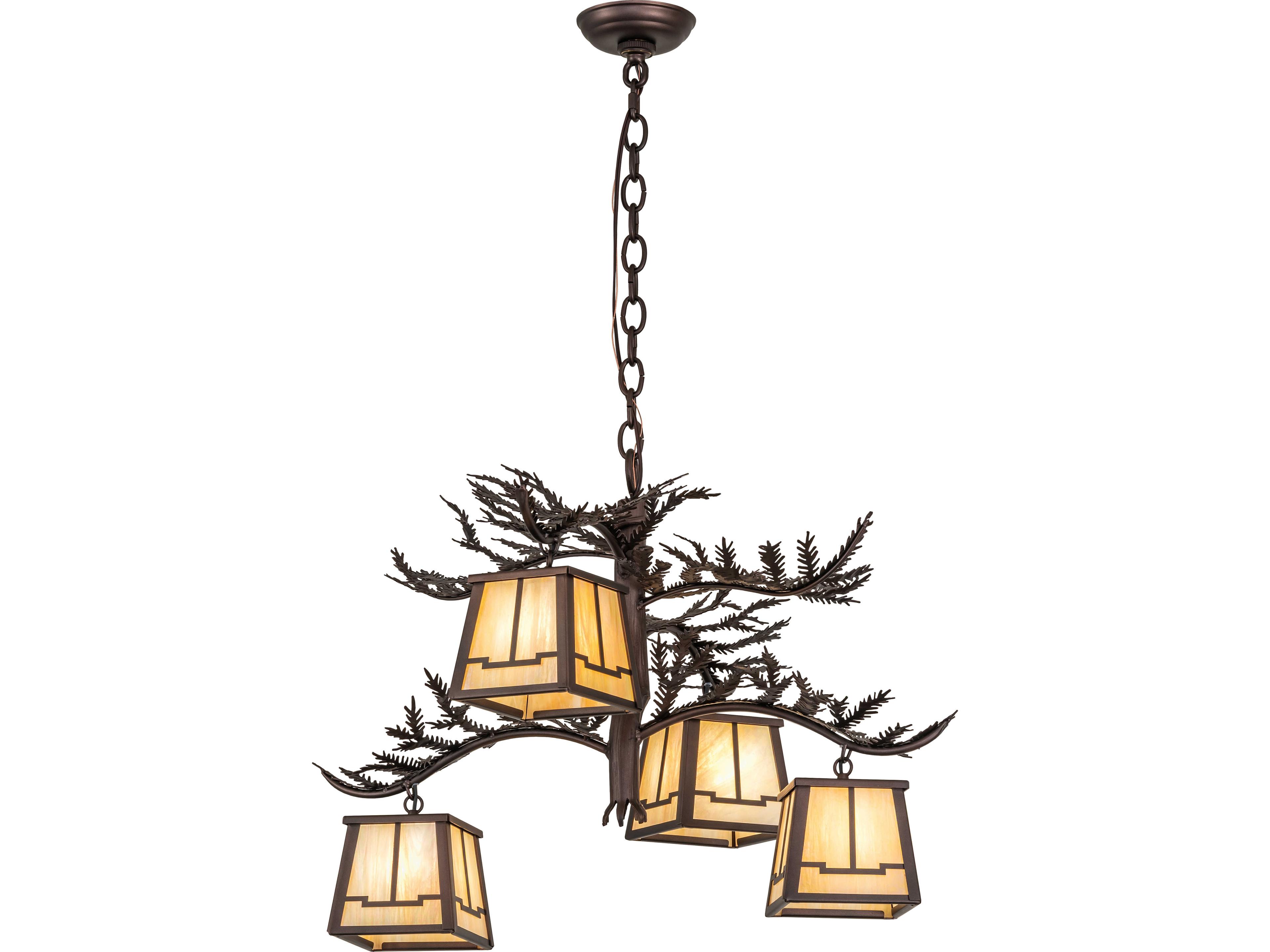 Meyda Pine Branch 4-Light Beige Iridescent Glass Bronze Geometric Chandelier