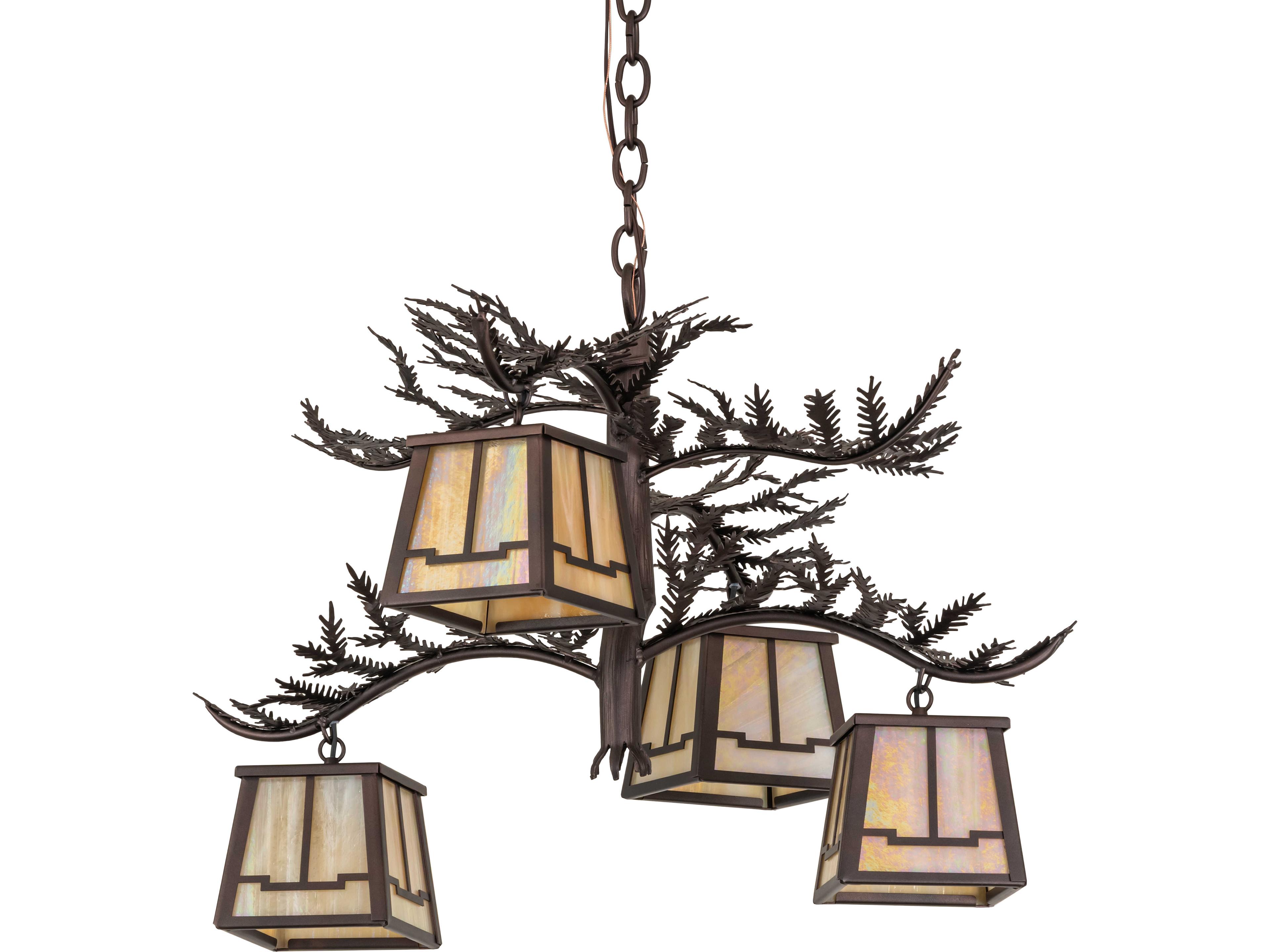 Meyda Pine Branch 4-Light Beige Iridescent Glass Bronze Geometric Chandelier