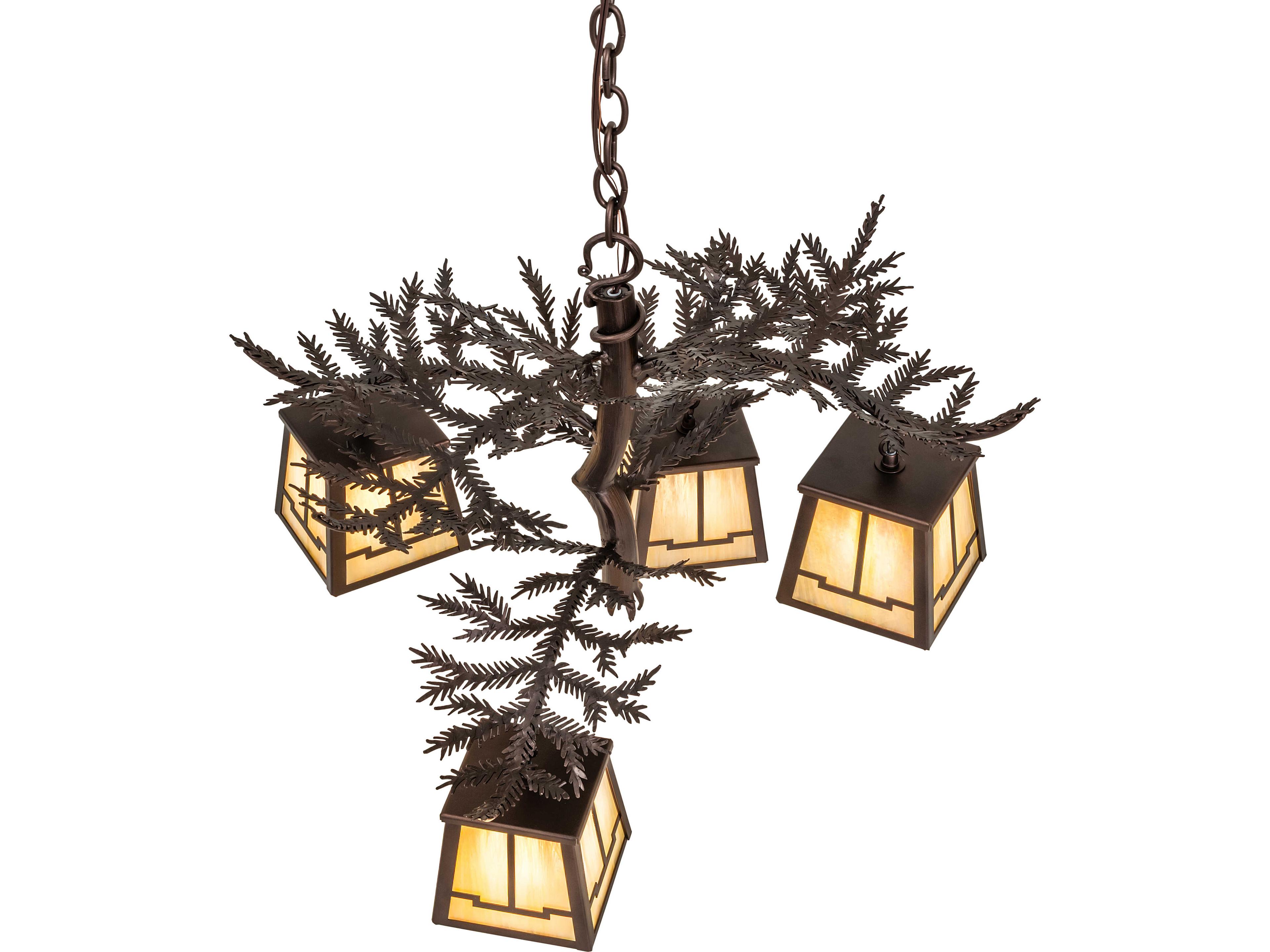 Meyda Pine Branch 4-Light Beige Iridescent Glass Bronze Geometric Chandelier
