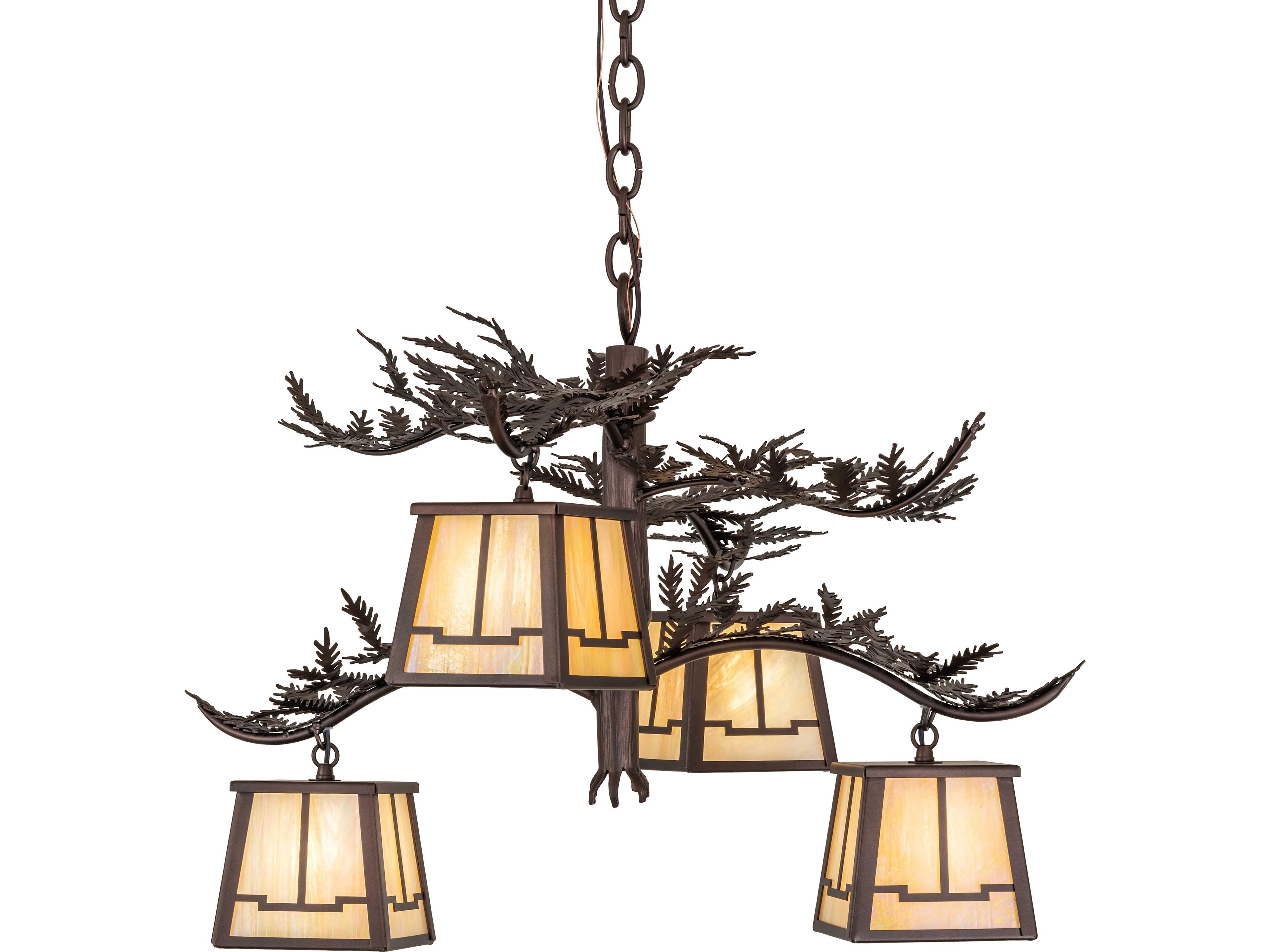 Meyda Pine Branch 4-Light Beige Iridescent Glass Bronze Geometric Chandelier