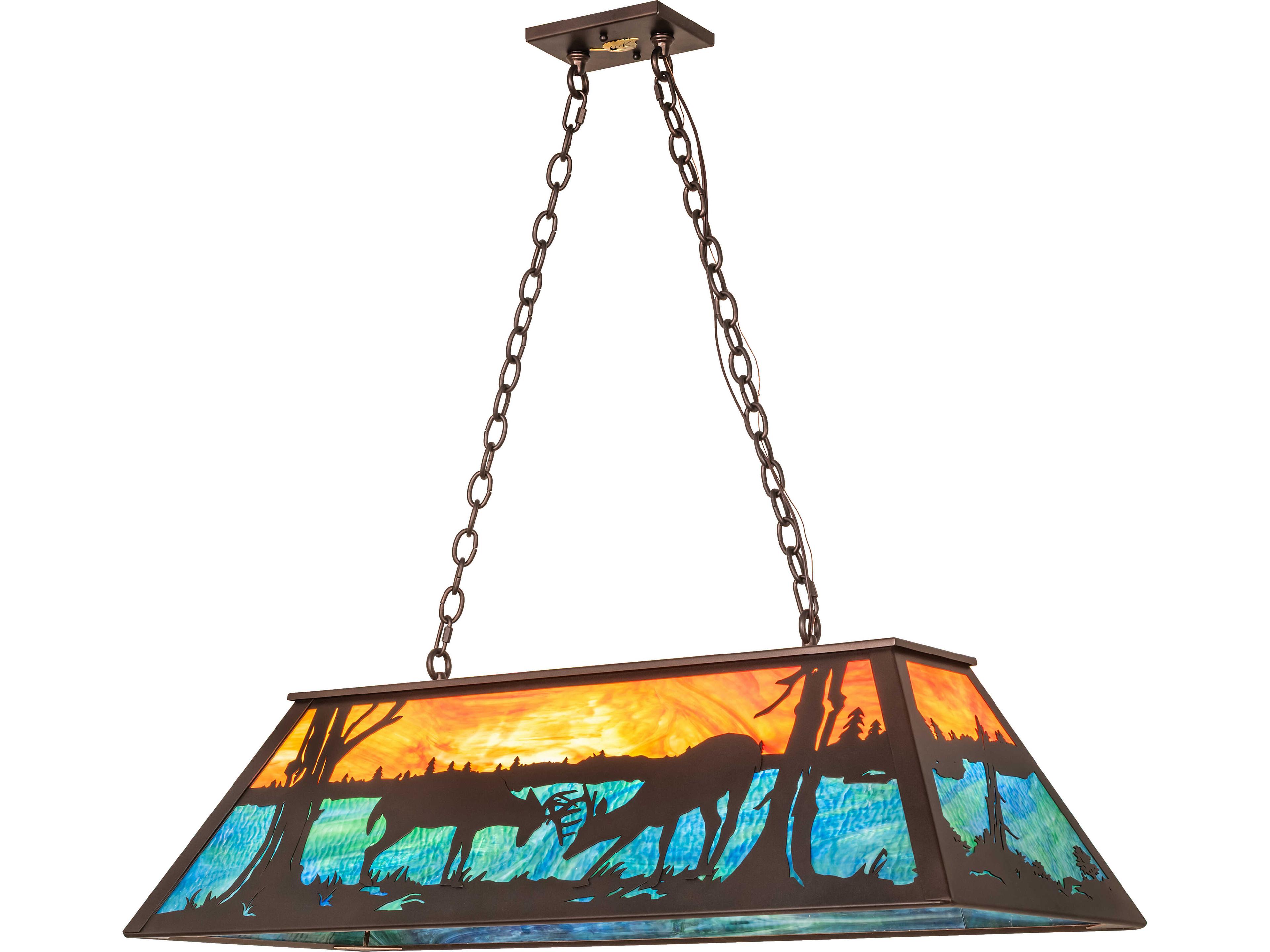 Meyda Battling Bucks 6-Light Orange Opal & Blue Green Art Glass Bronze Linear Island Pendant