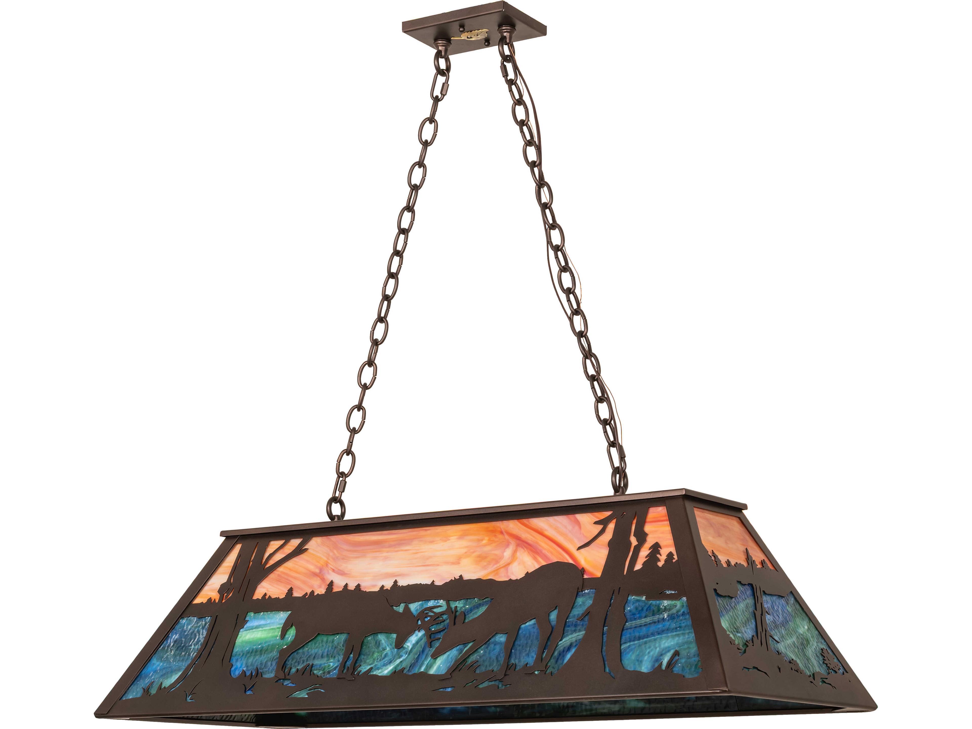 Meyda Battling Bucks 6-Light Orange Opal & Blue Green Art Glass Bronze Linear Island Pendant