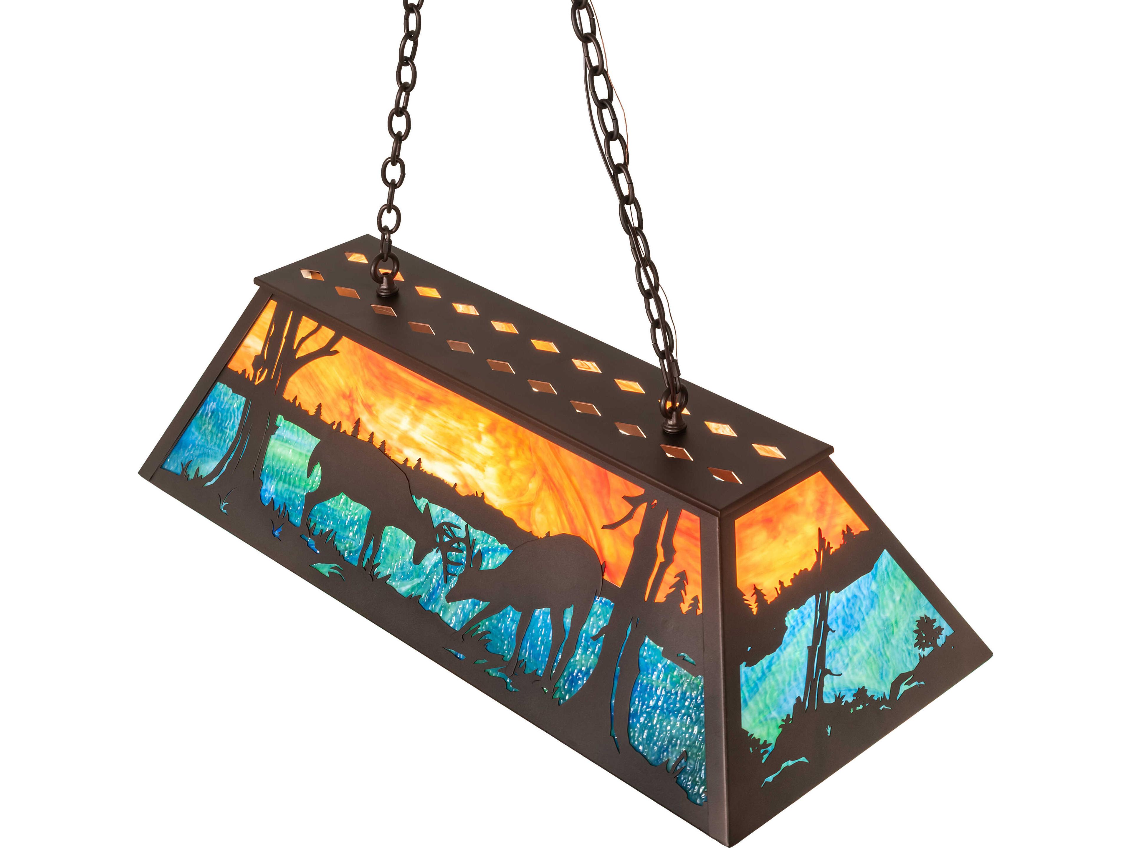 Meyda Battling Bucks 6-Light Orange Opal & Blue Green Art Glass Bronze Linear Island Pendant