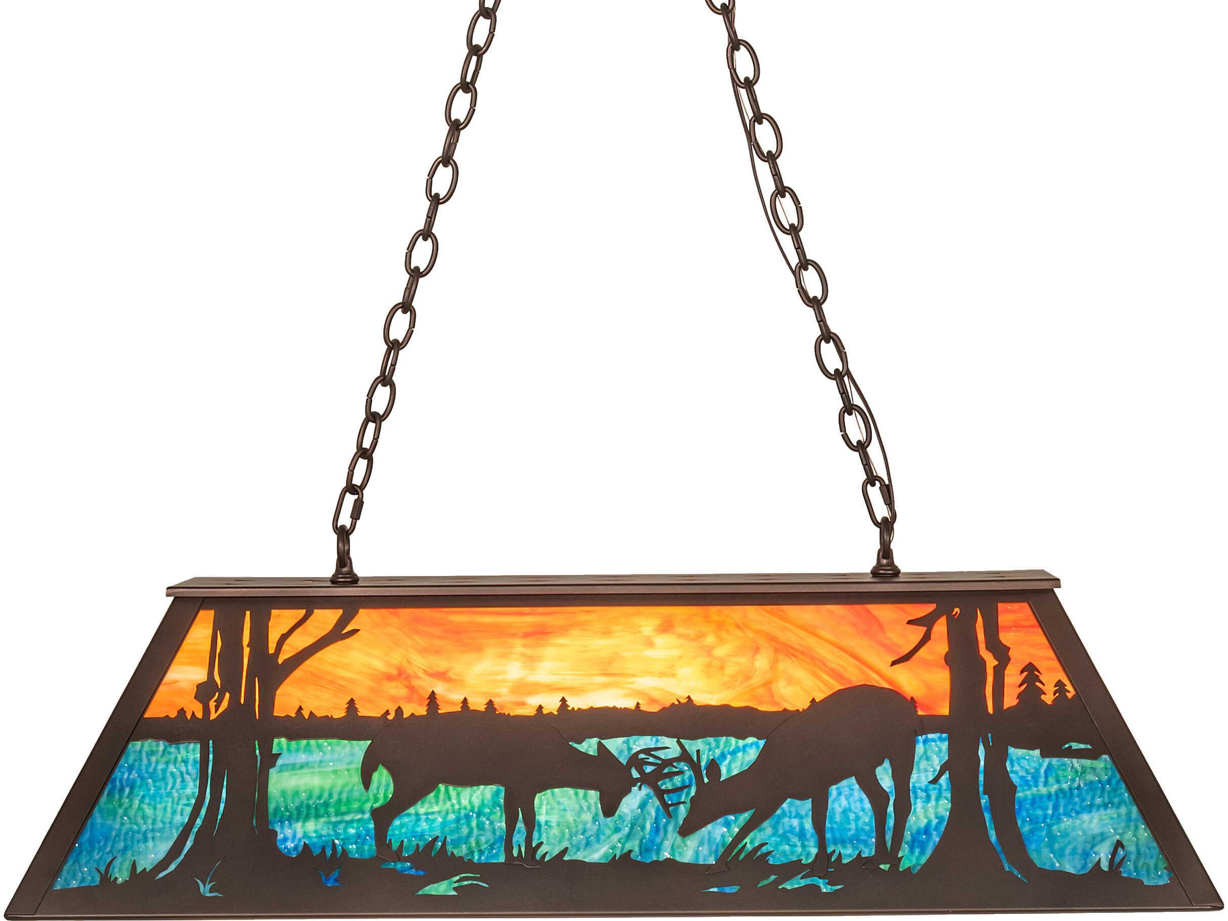 Meyda Battling Bucks 6-Light Orange Opal & Blue Green Art Glass Bronze Linear Island Pendant