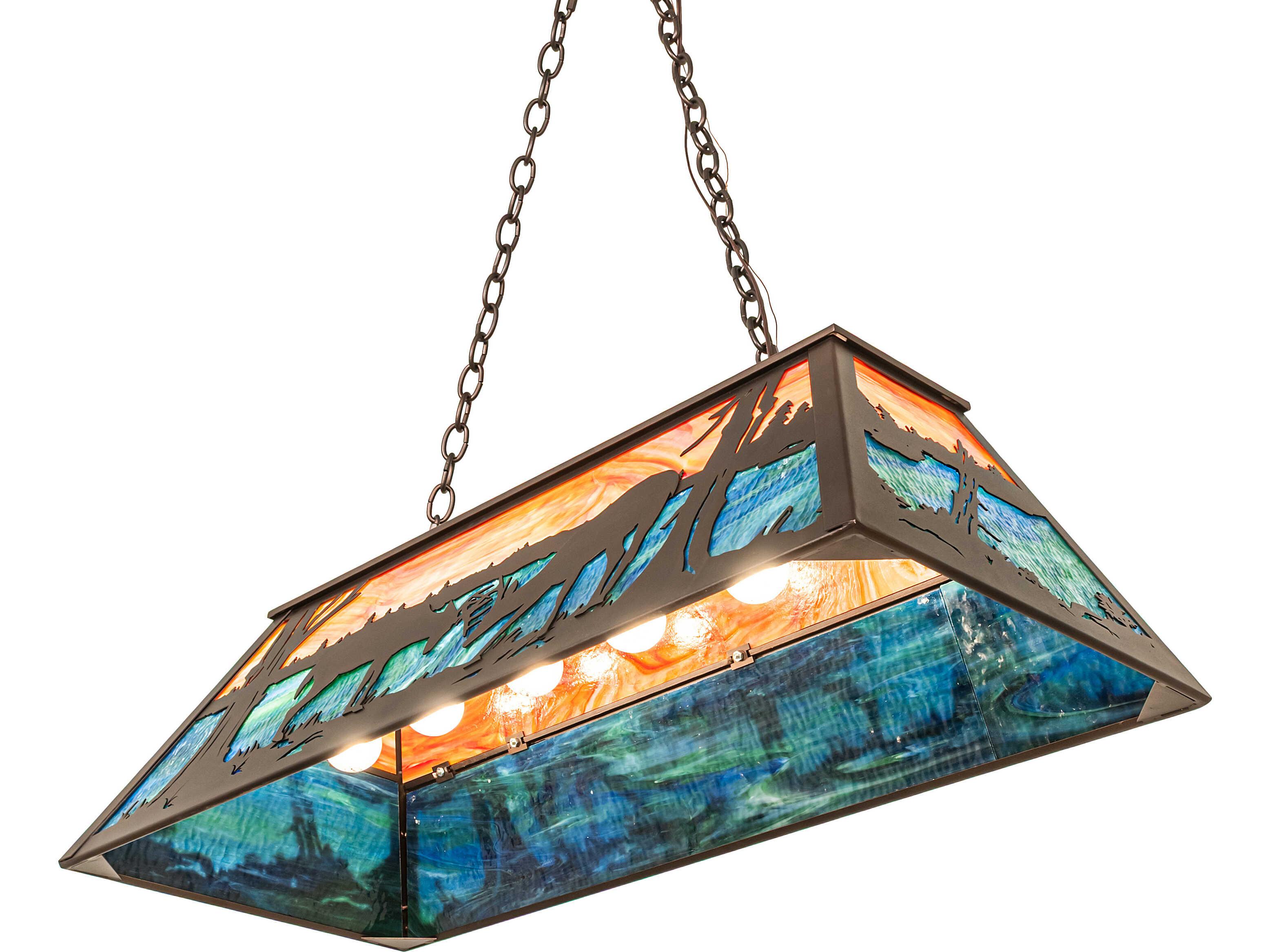 Meyda Battling Bucks 6-Light Orange Opal & Blue Green Art Glass Bronze Linear Island Pendant