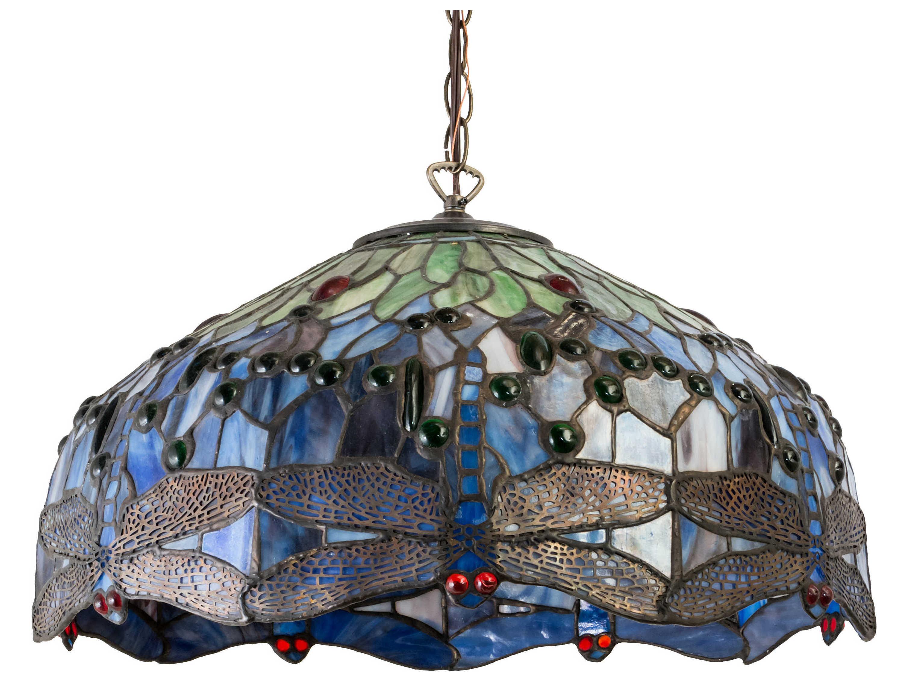 Meyda Dragonfly 1-Light Satin Brass Blue Glass Tiffany Dome Pendant