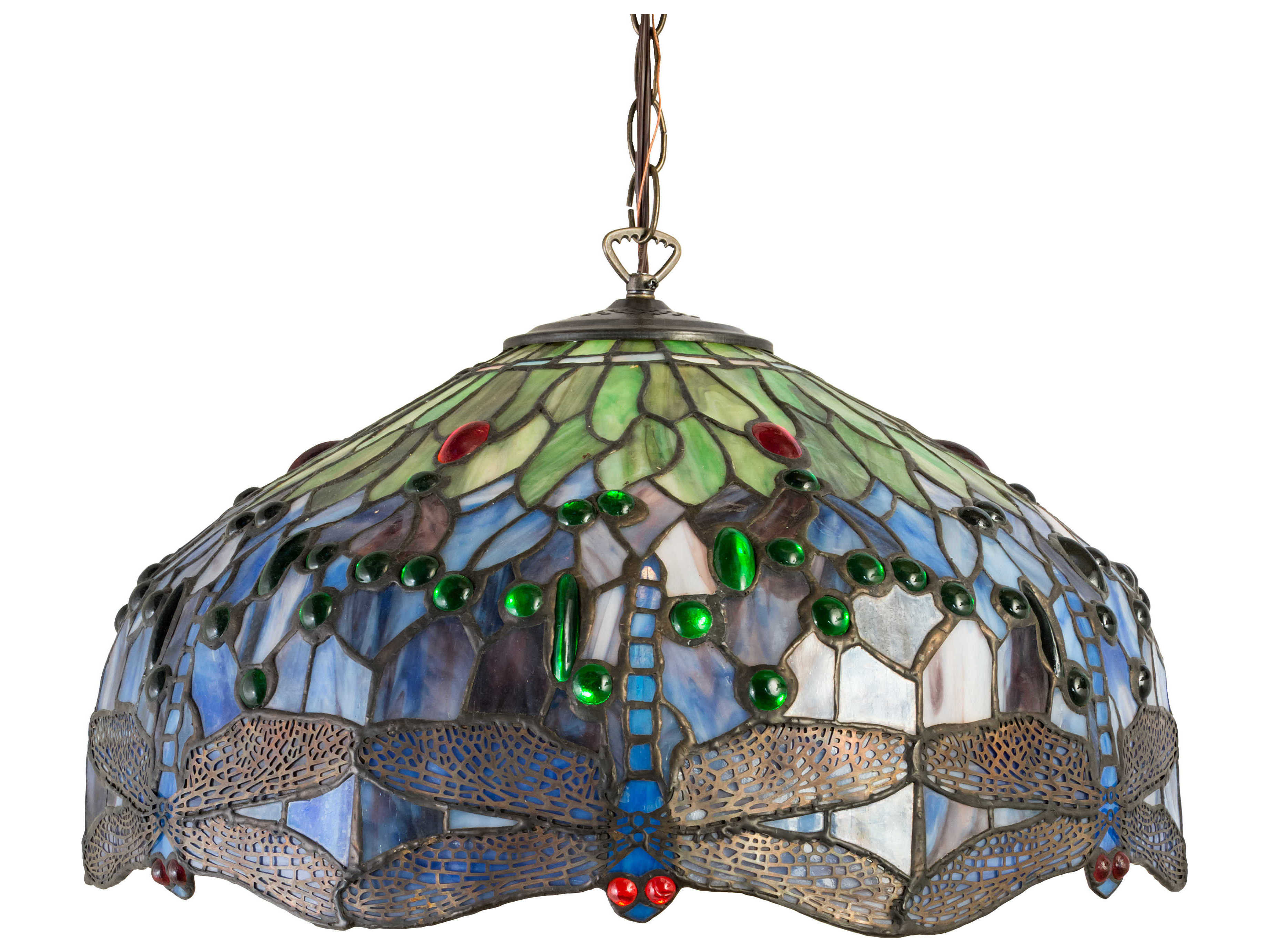 Meyda Dragonfly 1-Light Satin Brass Blue Glass Tiffany Dome Pendant