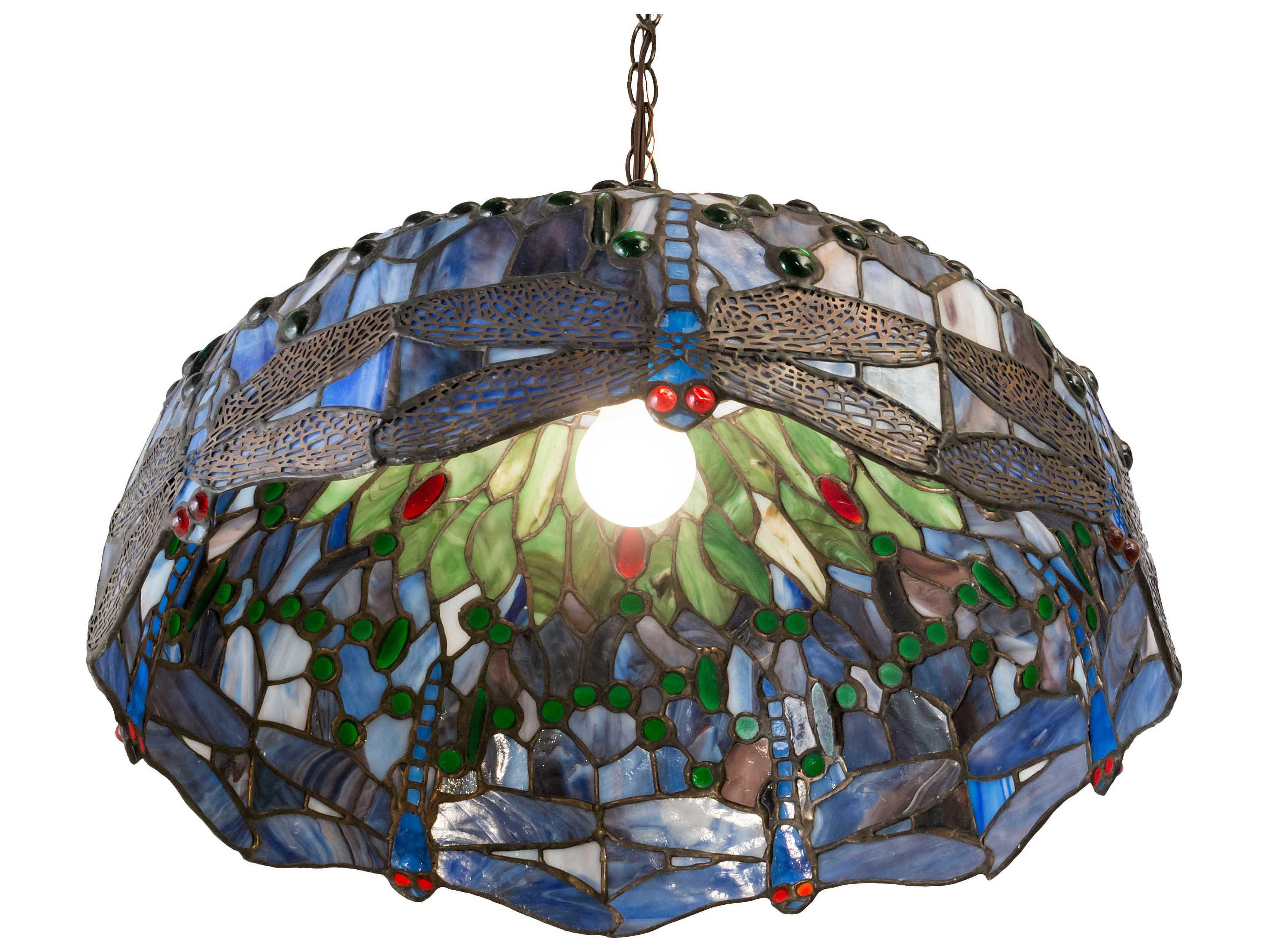 Meyda Dragonfly 1-Light Satin Brass Blue Glass Tiffany Dome Pendant