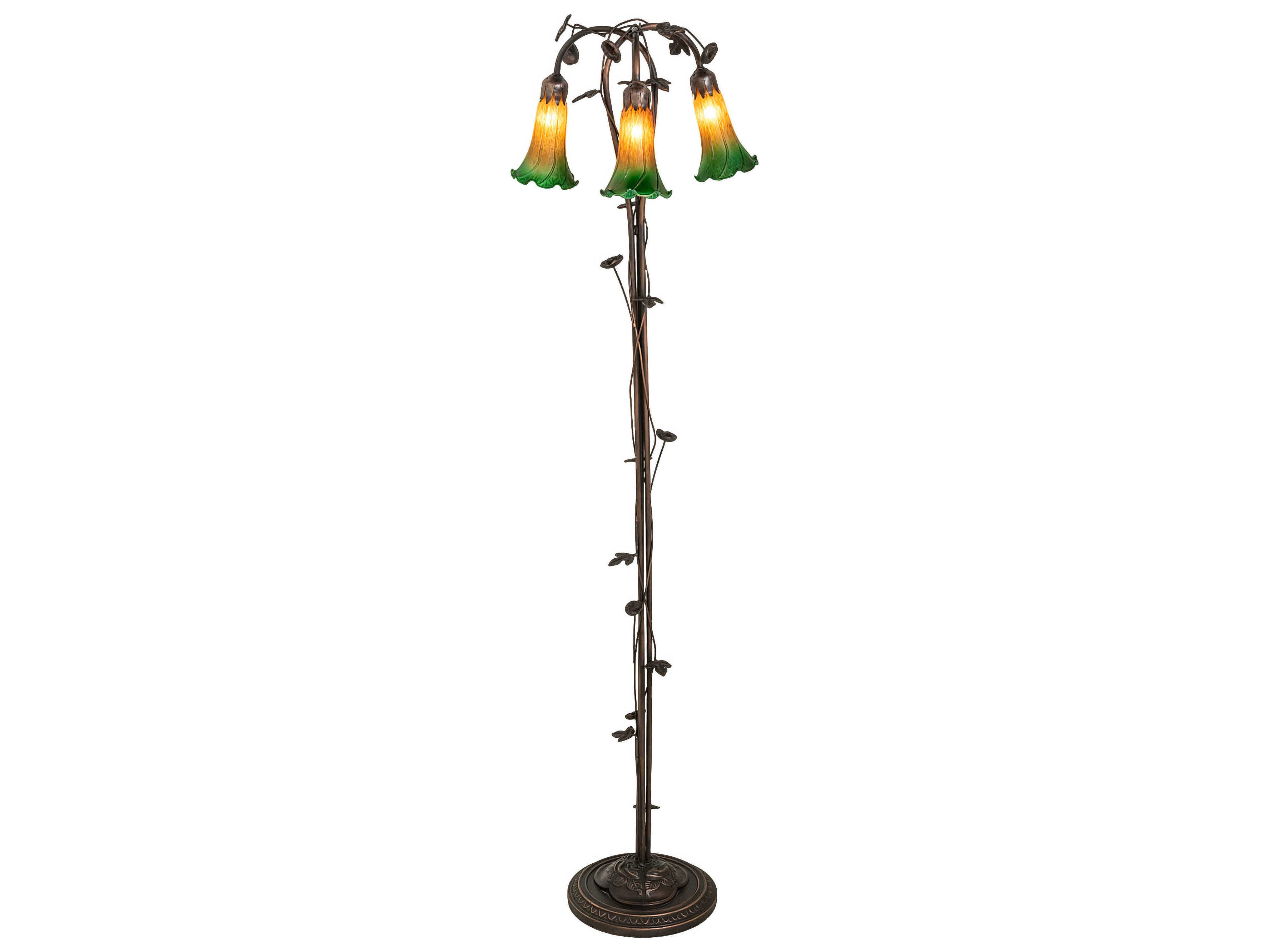 Meyda Pond Lily Mahogany Bronze Tiffany Floor Lamp with Amber Green Glass Shade