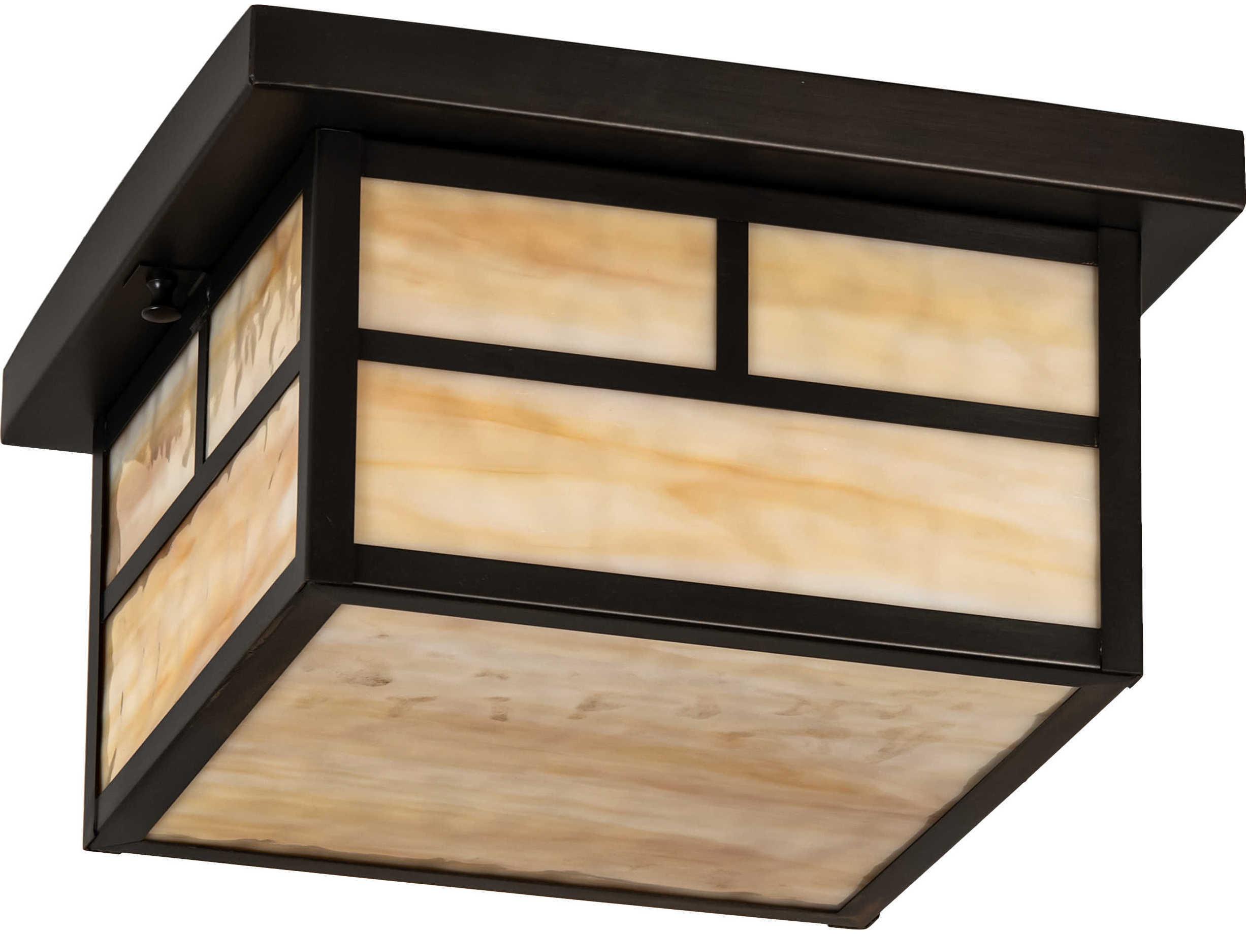 Meyda Hyde Park T Mission 2-Light Craftsman Brown Off White Glass Geometric Flush Mount