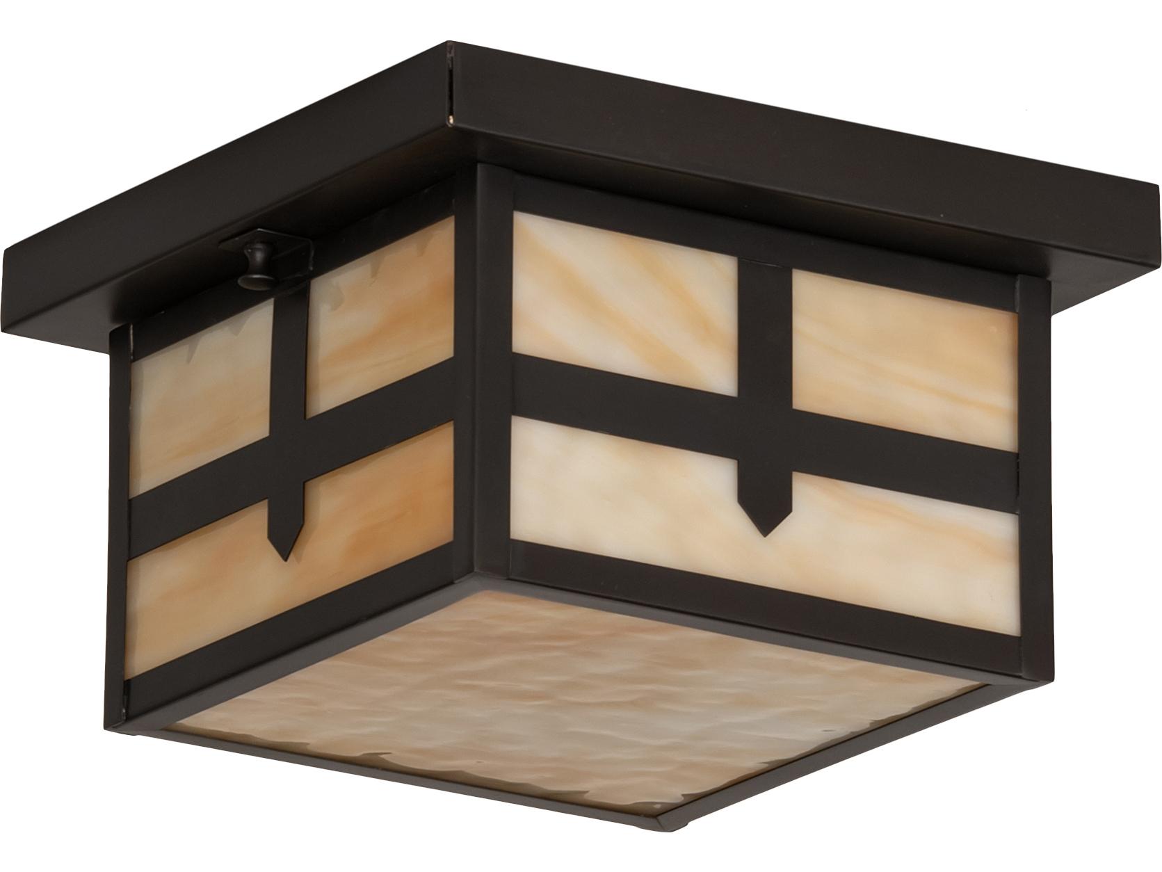 Meyda Hyde Park 1-Light Craftsman Brown Off White Glass Geometric Flush Mount