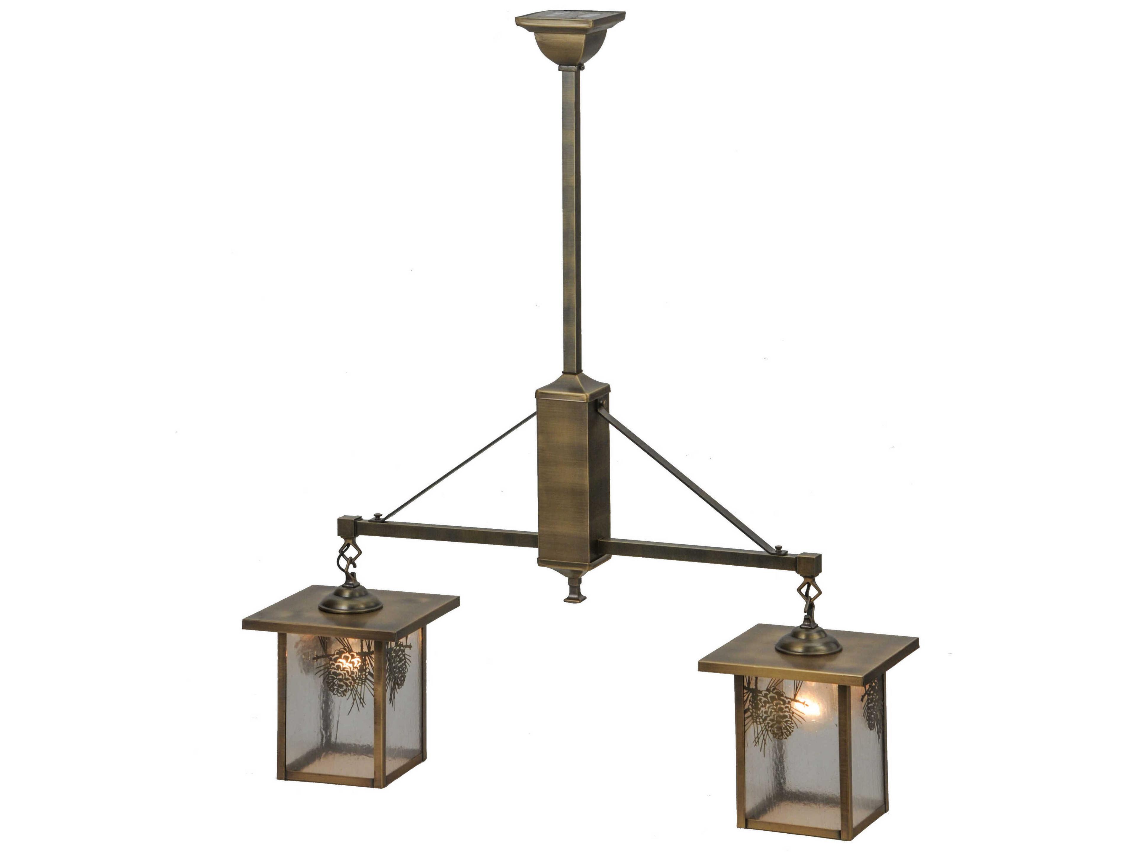 Meyda Winter Pine 2-Light Antique Brass Glass Lantern Island Pendant