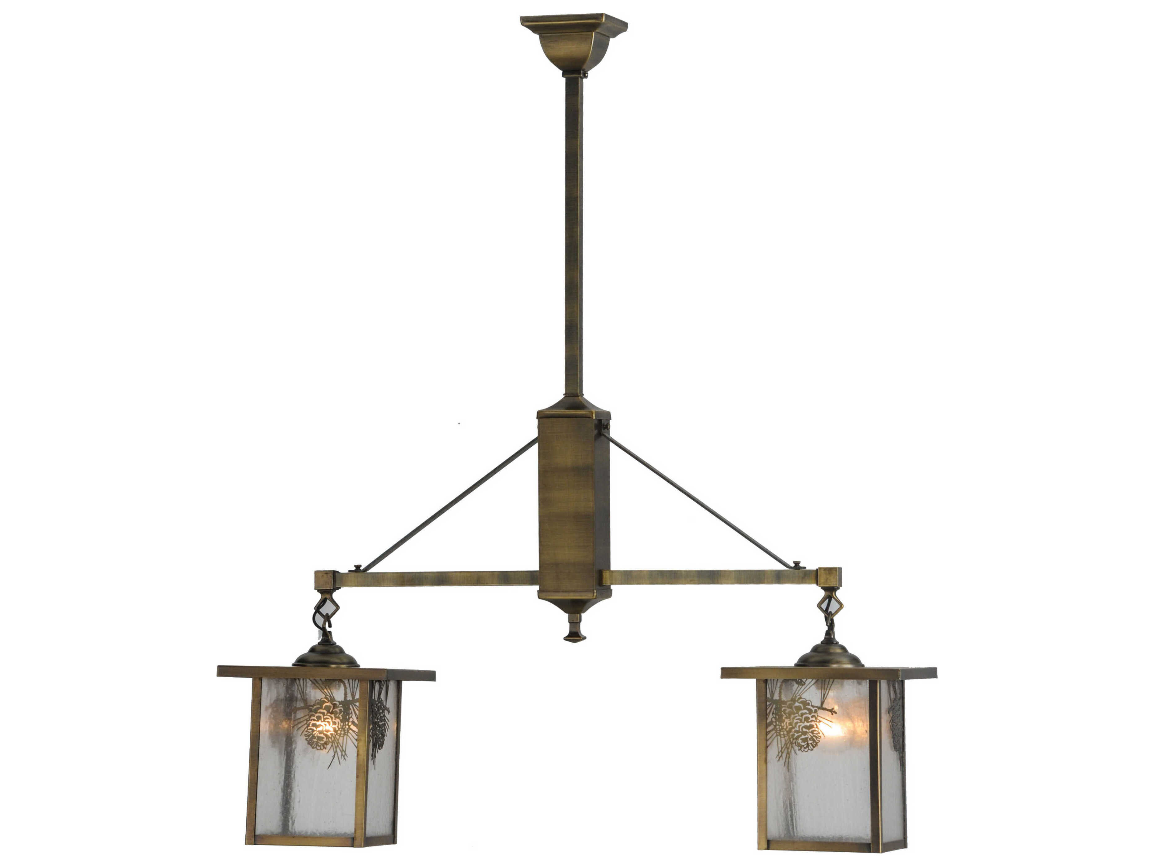 Meyda Winter Pine 2-Light Antique Brass Glass Lantern Island Pendant