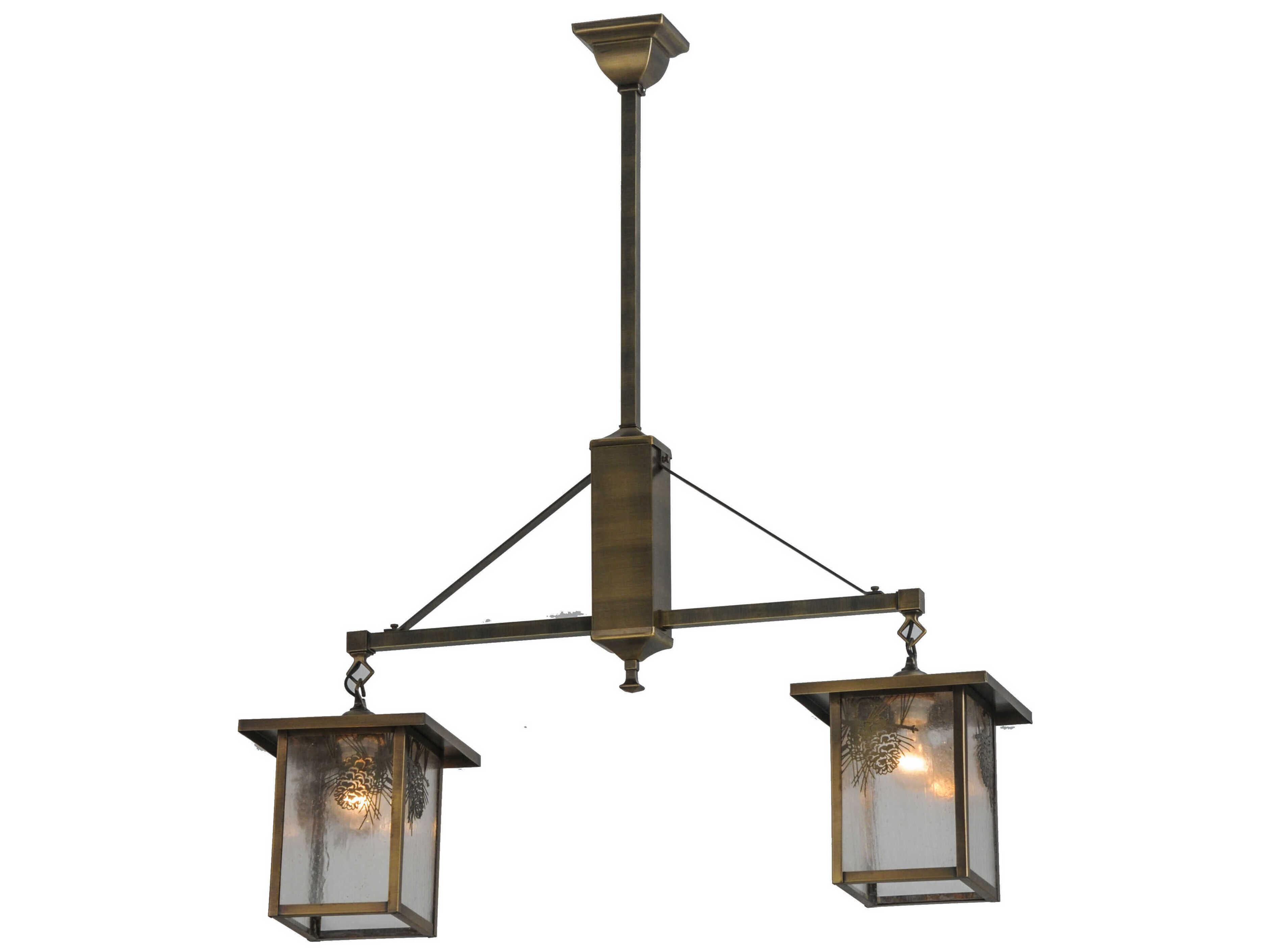 Meyda Winter Pine 2-Light Antique Brass Glass Lantern Island Pendant