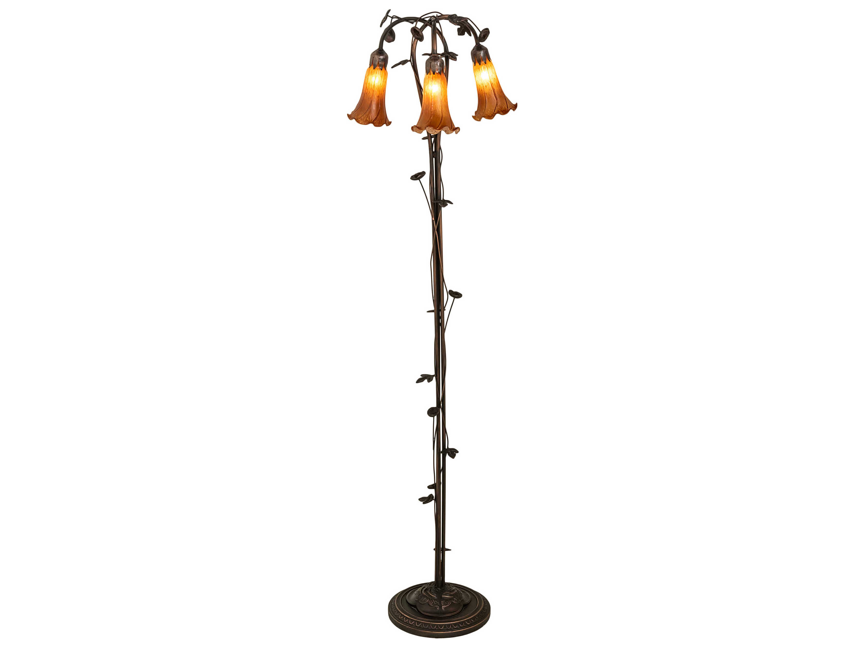 Meyda Pond Lily Mahogany Bronze Tiffany Floor Lamp with Amber Glass Shade