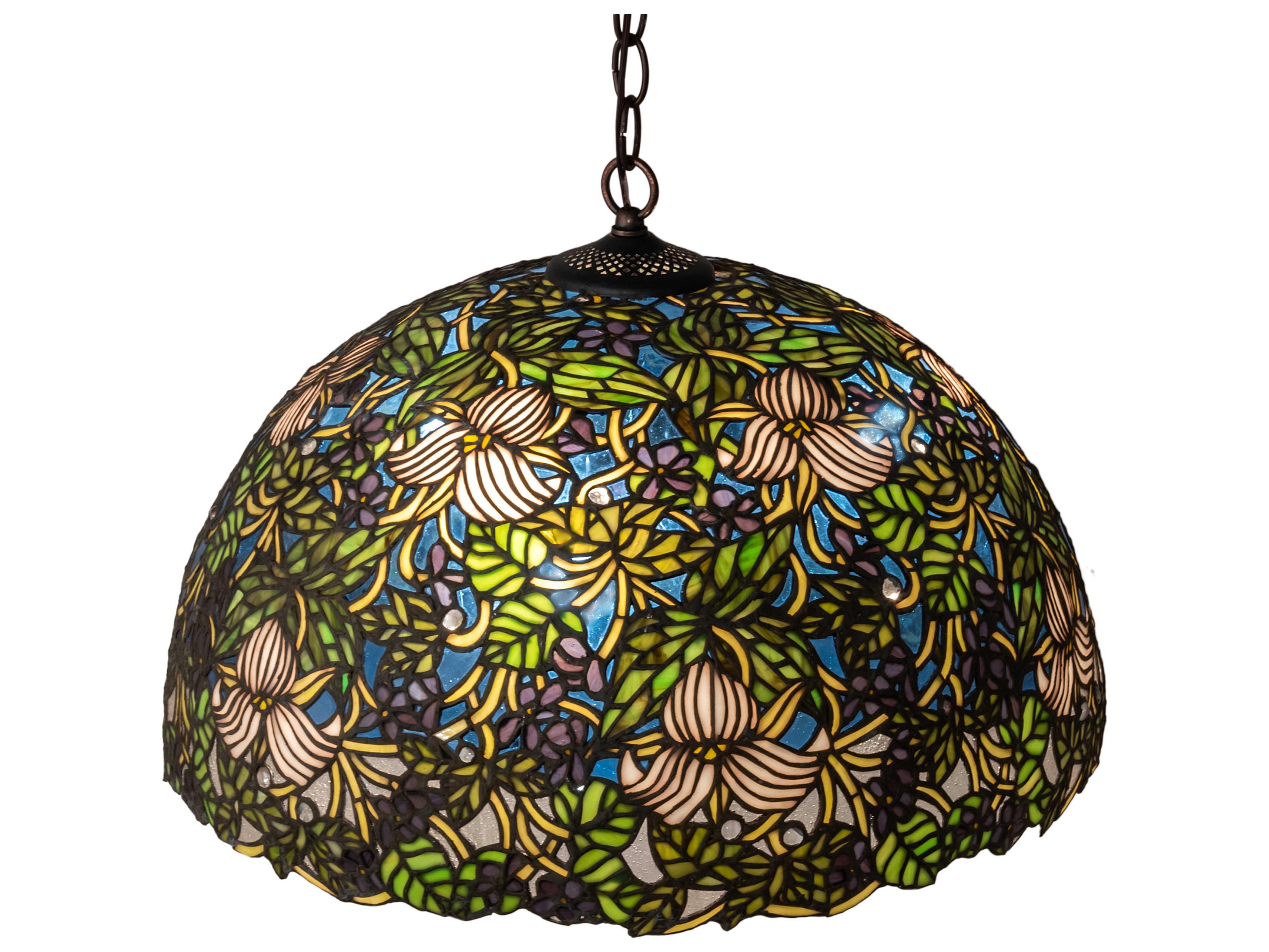 Meyda Trillium & Violet 3-Light Mahogany Bronze Glass Tiffany Dome Geometric Pendant