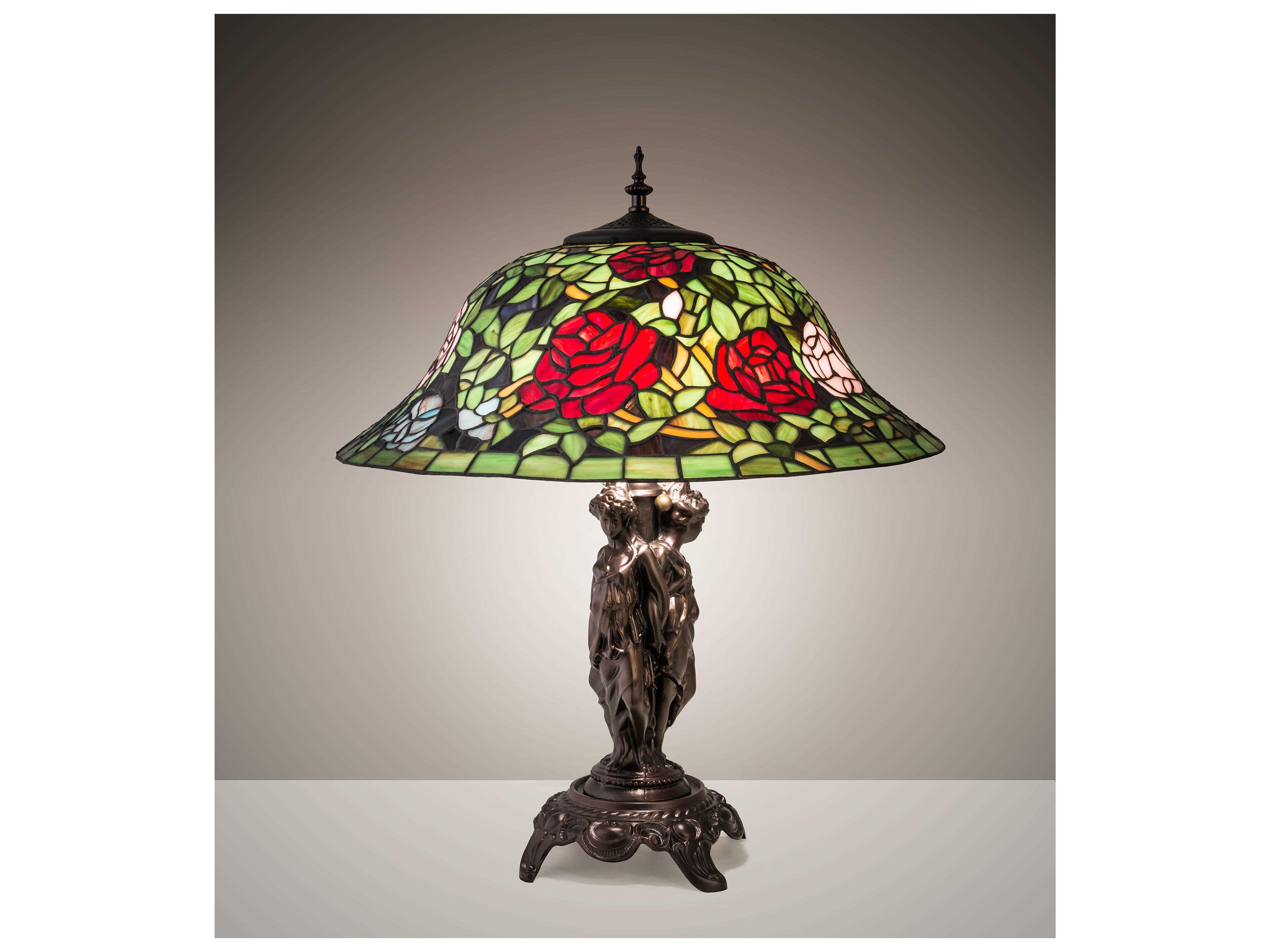Meyda Rosebush Glass Tiffany Mahogany Bronze Green Table Lamp