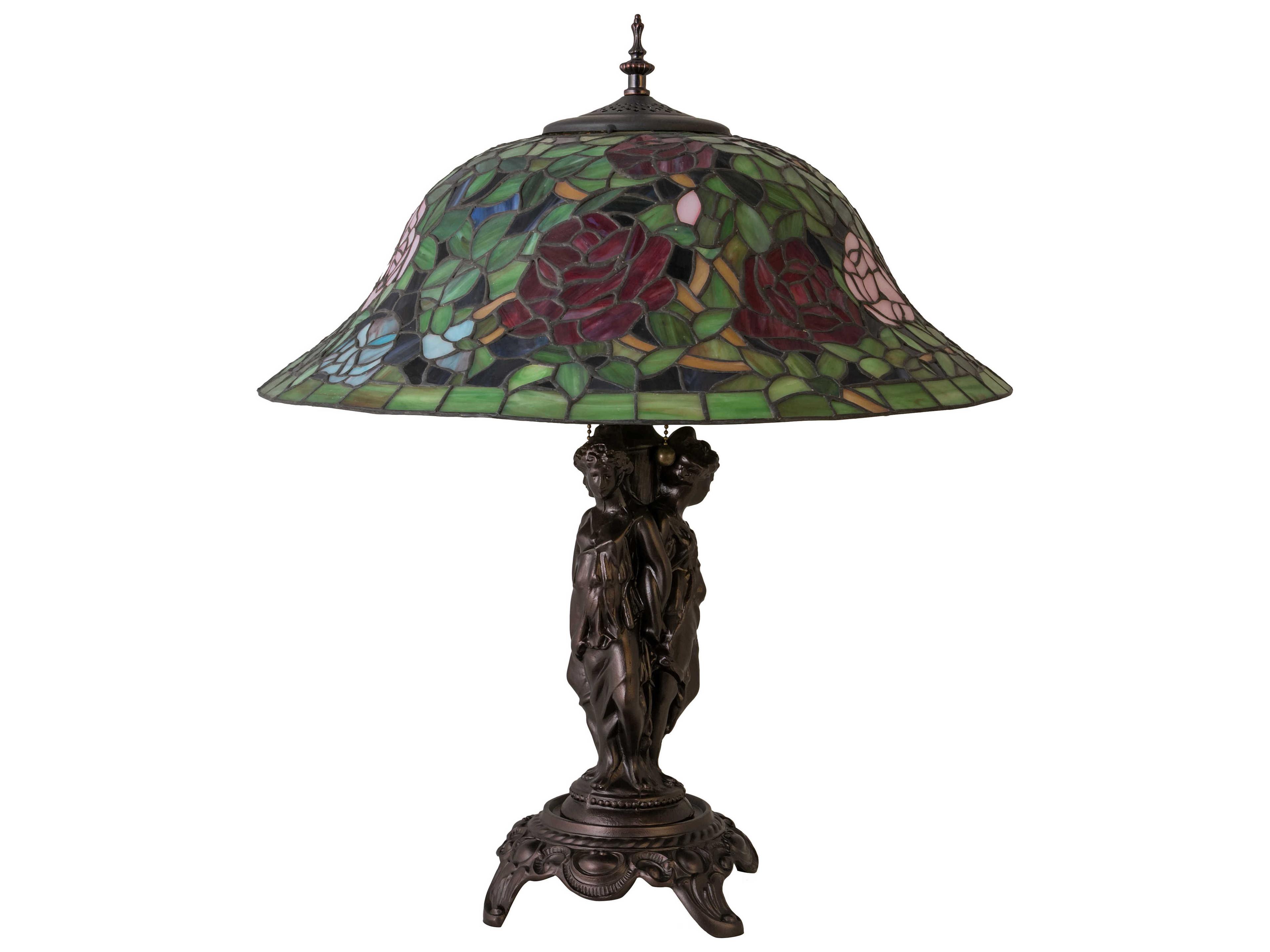 Meyda Rosebush Glass Tiffany Mahogany Bronze Green Table Lamp